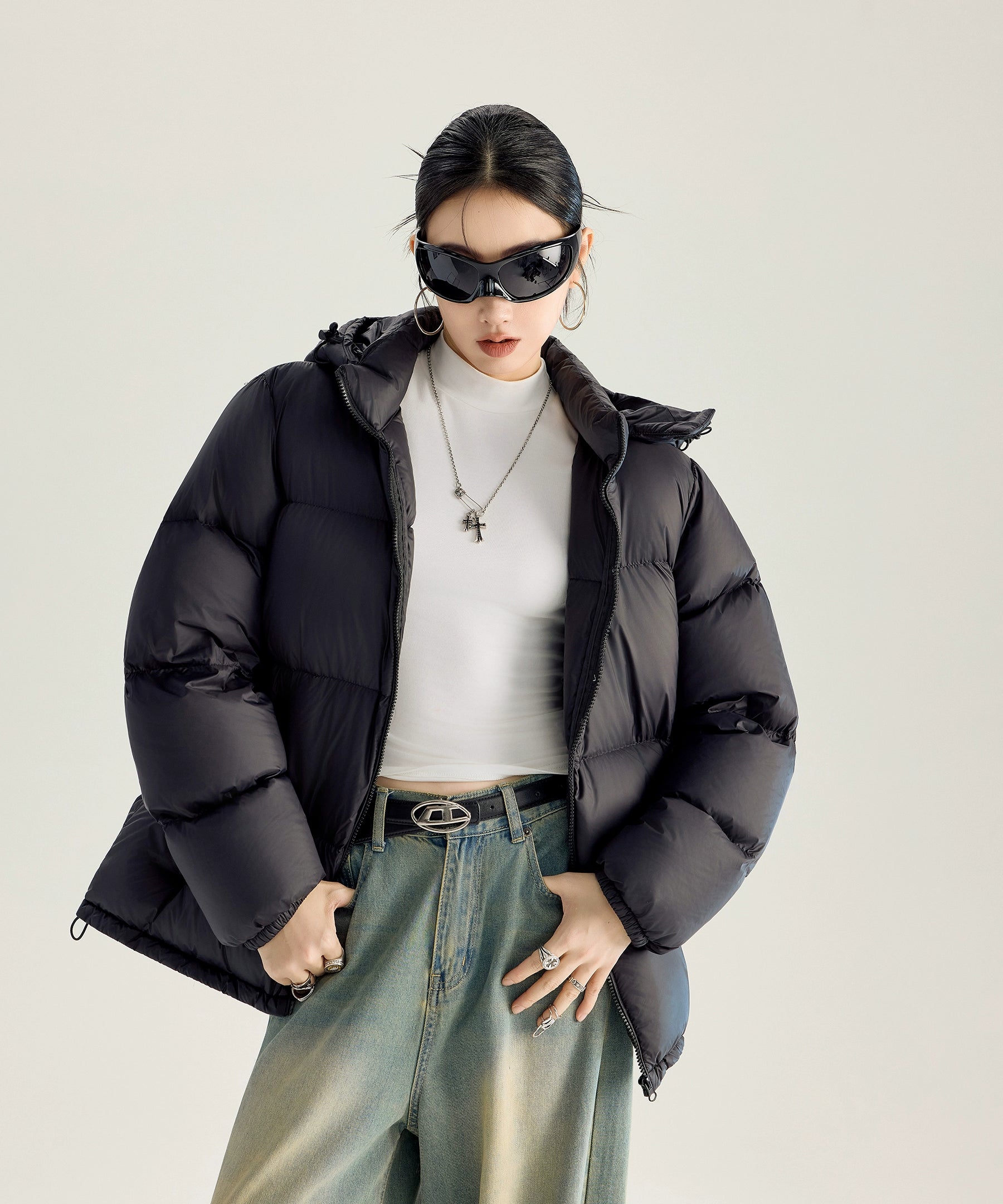 ICH MODE 美式复古泡芙连帽羽绒服女冬季90白鸭绒防寒保暖面包服