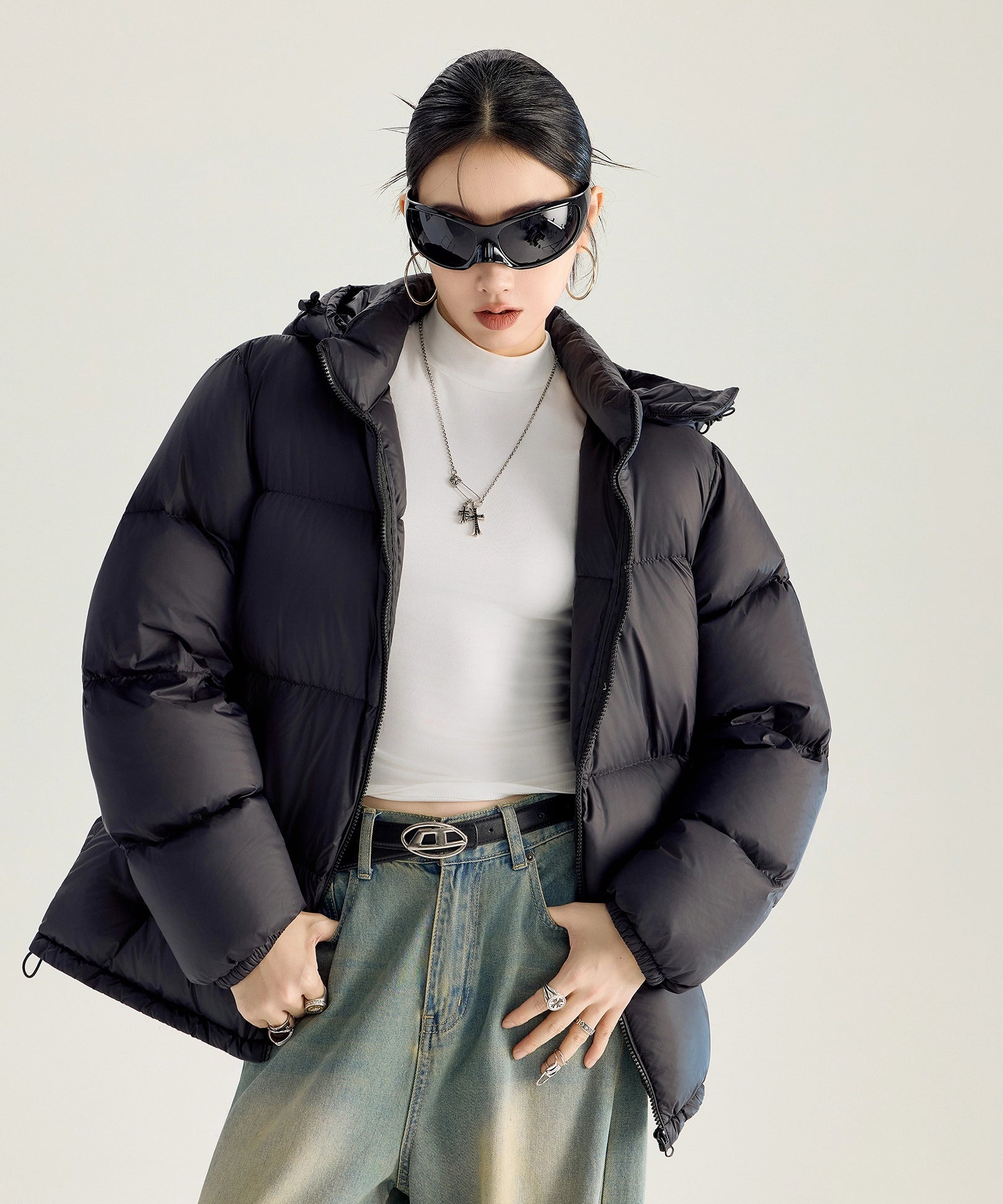 ICH MODE 美式复古泡芙连帽羽绒服女冬季90白鸭绒防寒保暖面包服