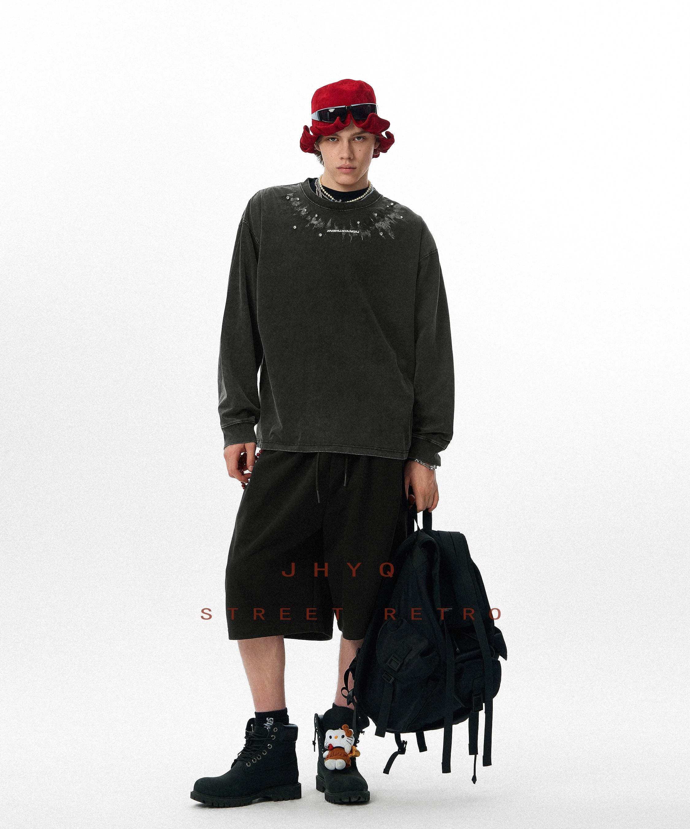 脉冲波丨JHYQ美式复古印花水洗重磅320g长袖T恤男宽松镶钻卫衣衫