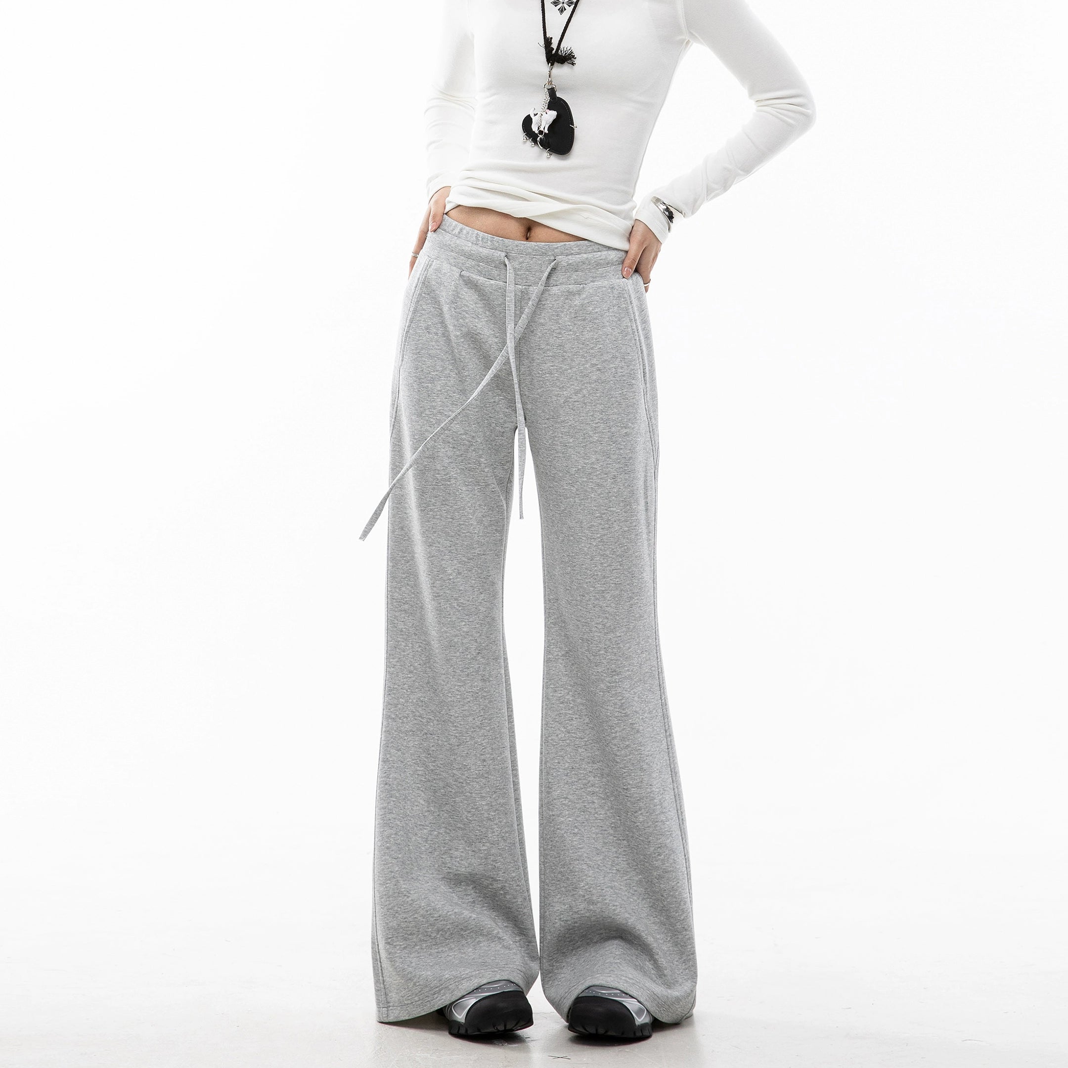 ICH MODE 美式复古微喇休闲裤女抽绳运动裤宽松直筒裤阔腿裤卫裤