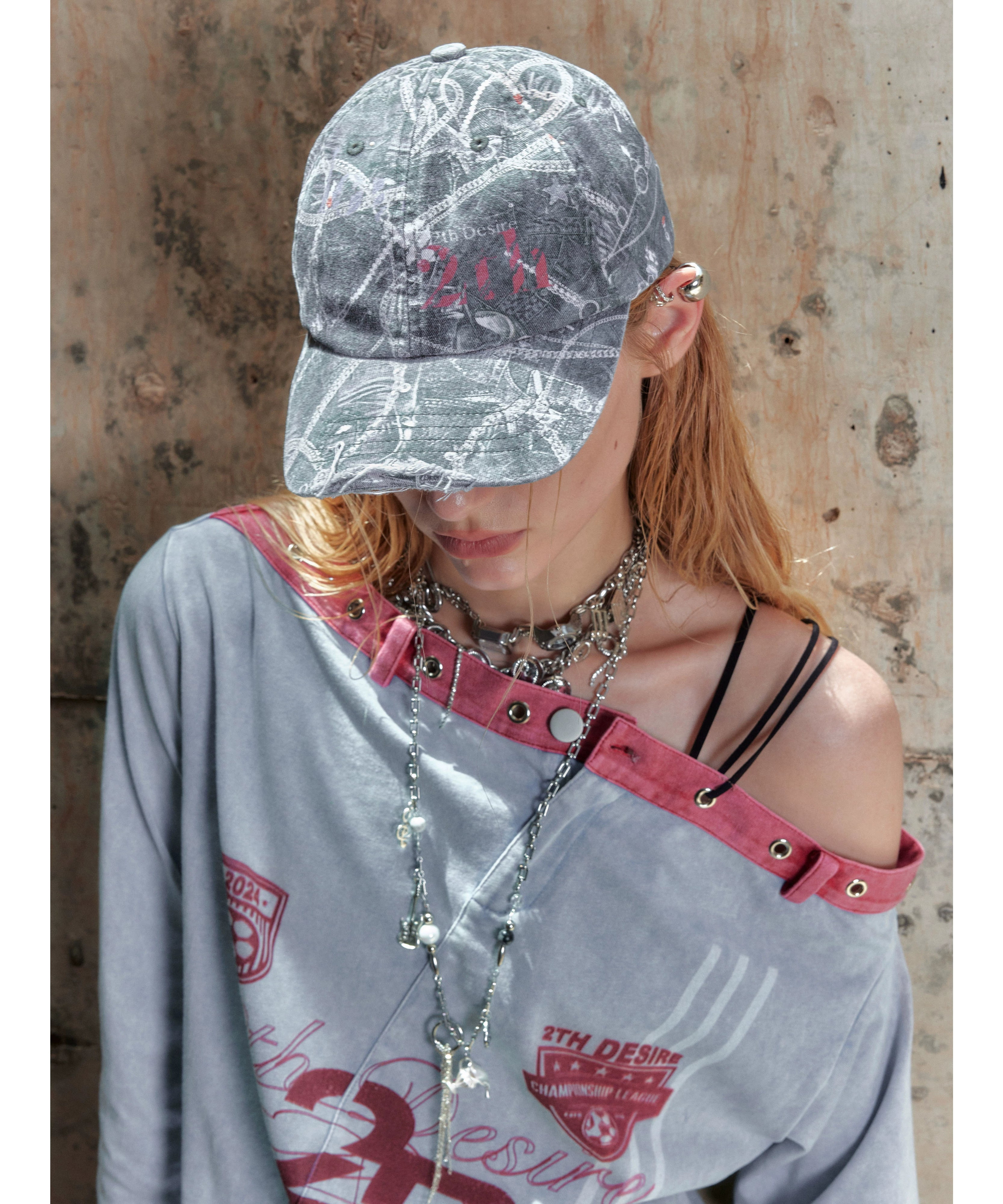 2th Desire做旧洗毛边刺绣棒球帽迷彩牛仔印花破旧可调节弯檐帽子