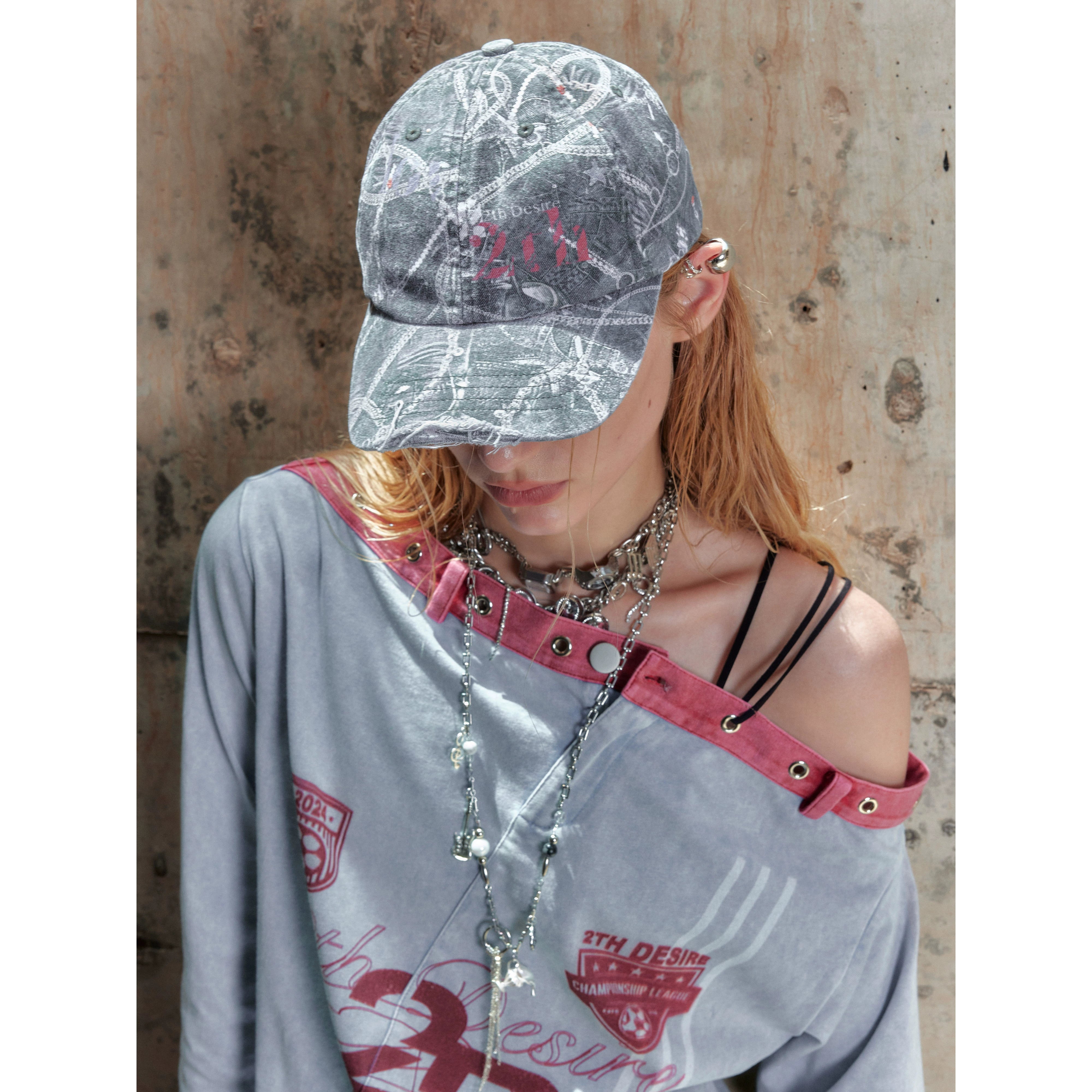 2th Desire做旧洗毛边刺绣棒球帽迷彩牛仔印花破旧可调节弯檐帽子