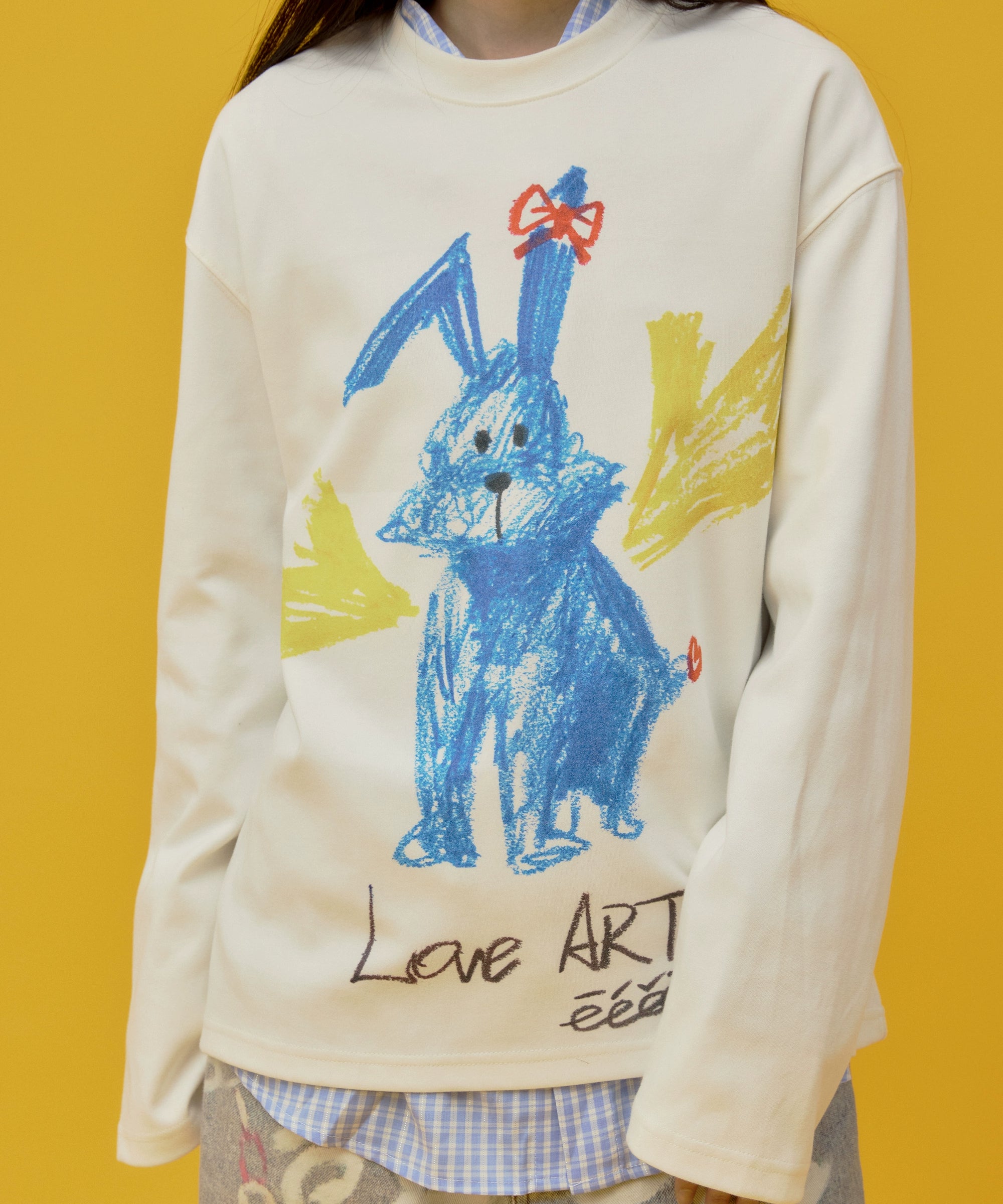 eeeeArtmonster“蓝色兔子”蜡笔手绘印花T恤重磅爱心兔长袖上衣
