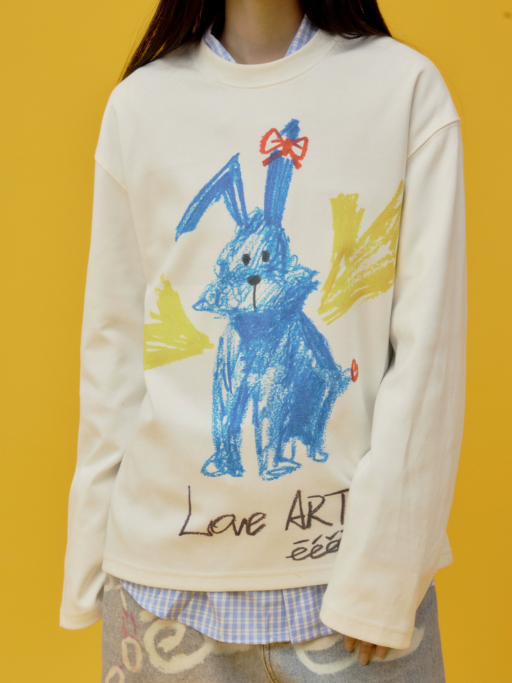 eeeeArtmonster“蓝色兔子”蜡笔手绘印花T恤重磅爱心兔长袖上衣