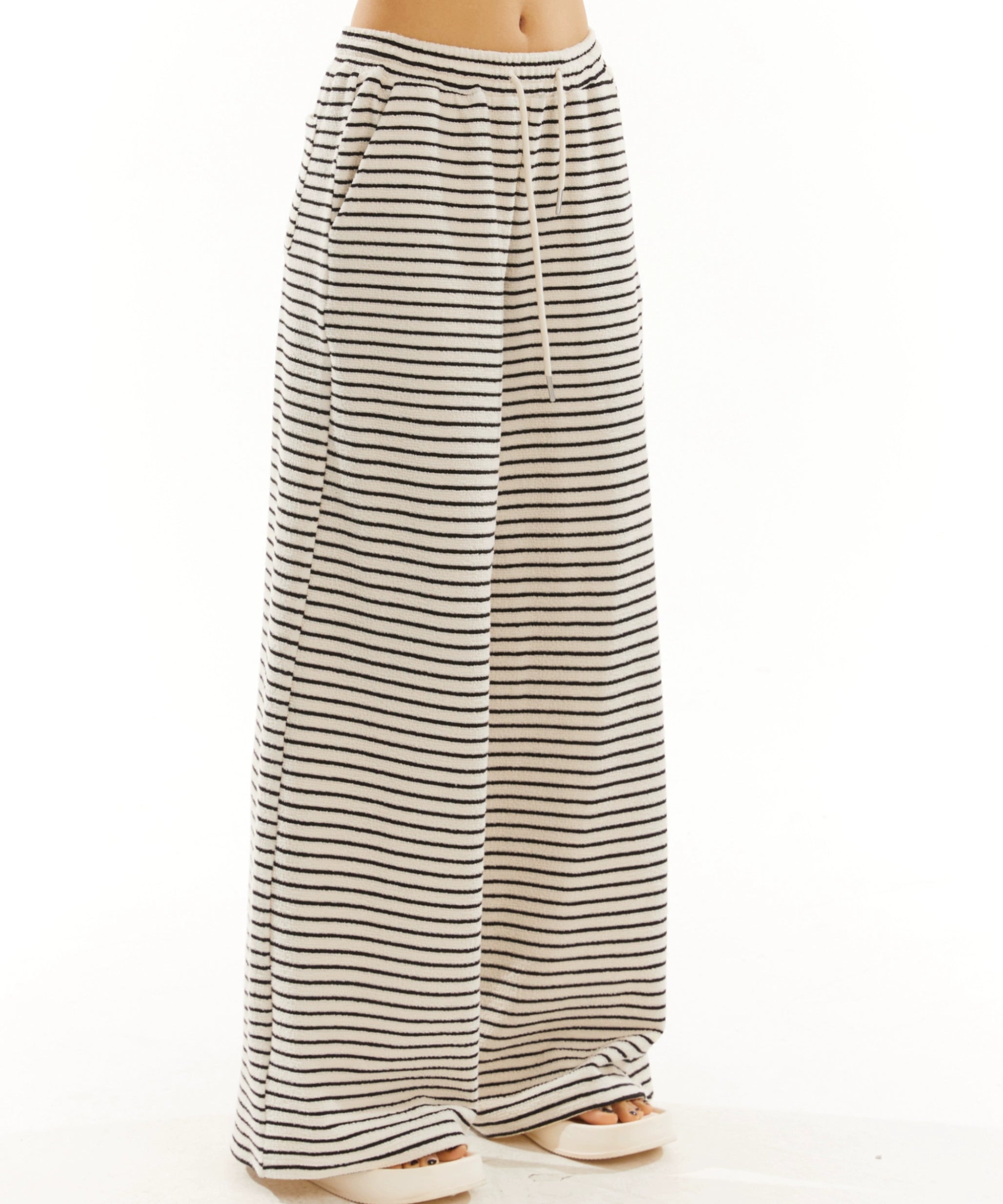 野生zero黑白条纹裤女夏季显瘦宽松慵懒风松紧腰阔腿直筒休闲裤子