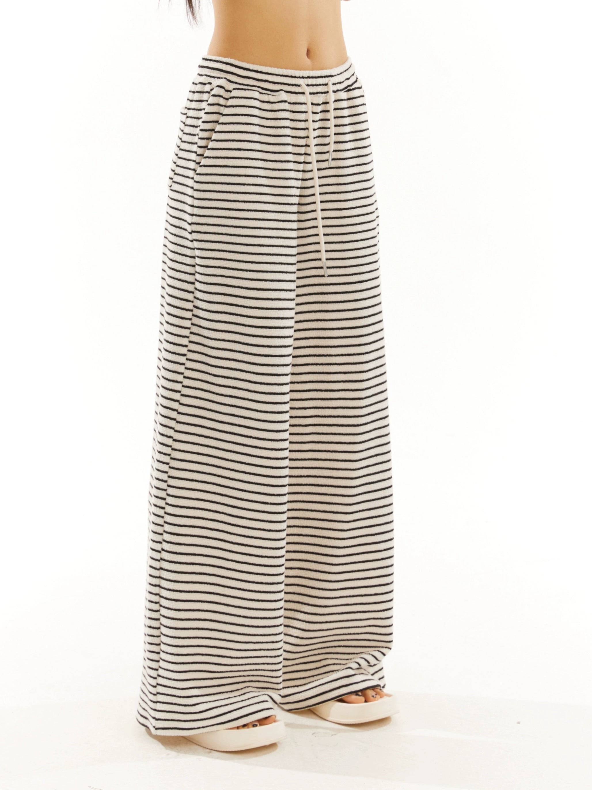 野生zero黑白条纹裤女夏季显瘦宽松慵懒风松紧腰阔腿直筒休闲裤子