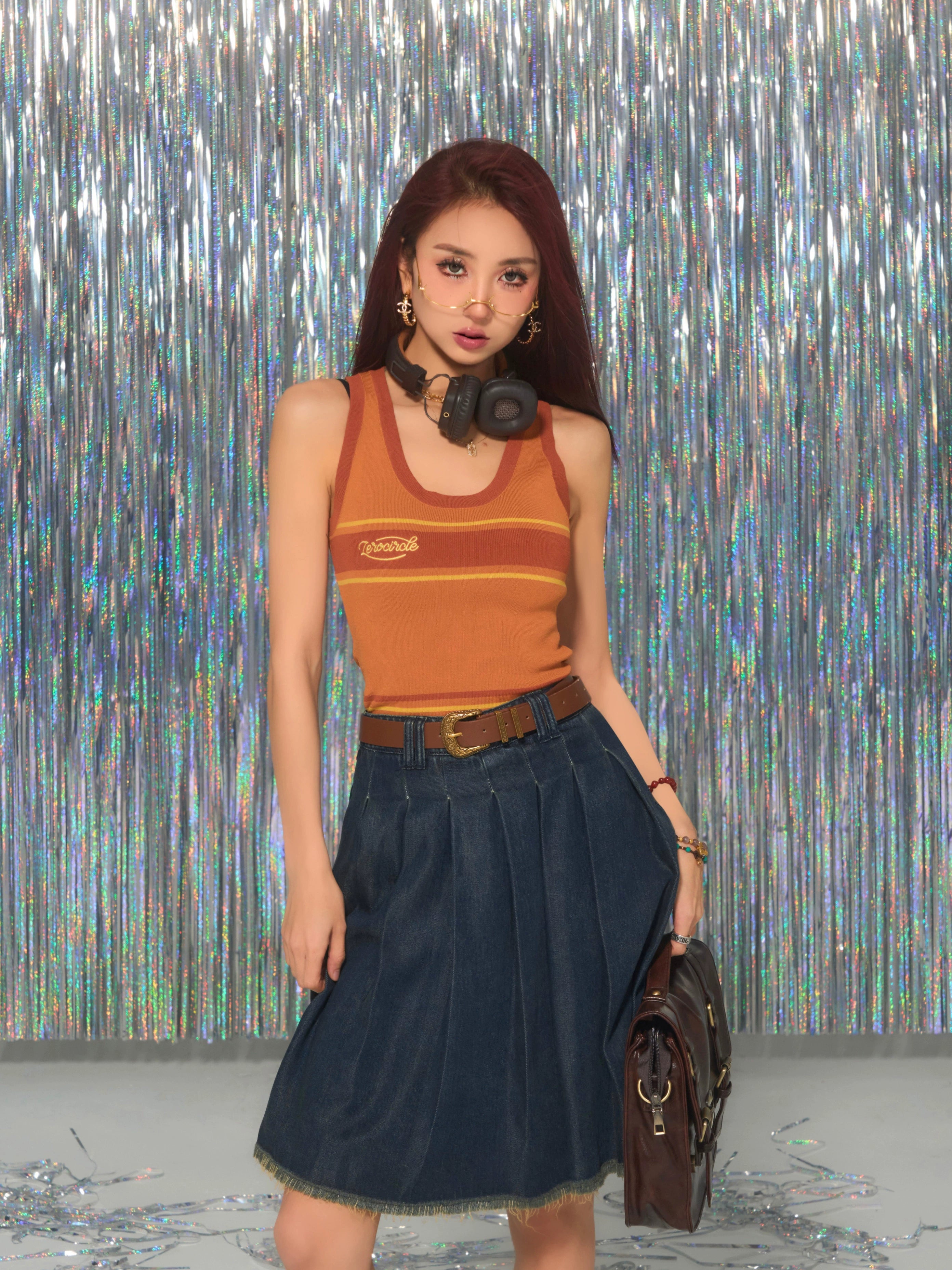 野生zerocircle 牛仔半身裙女夏高腰a字设计感显瘦辣妹百褶短裙子