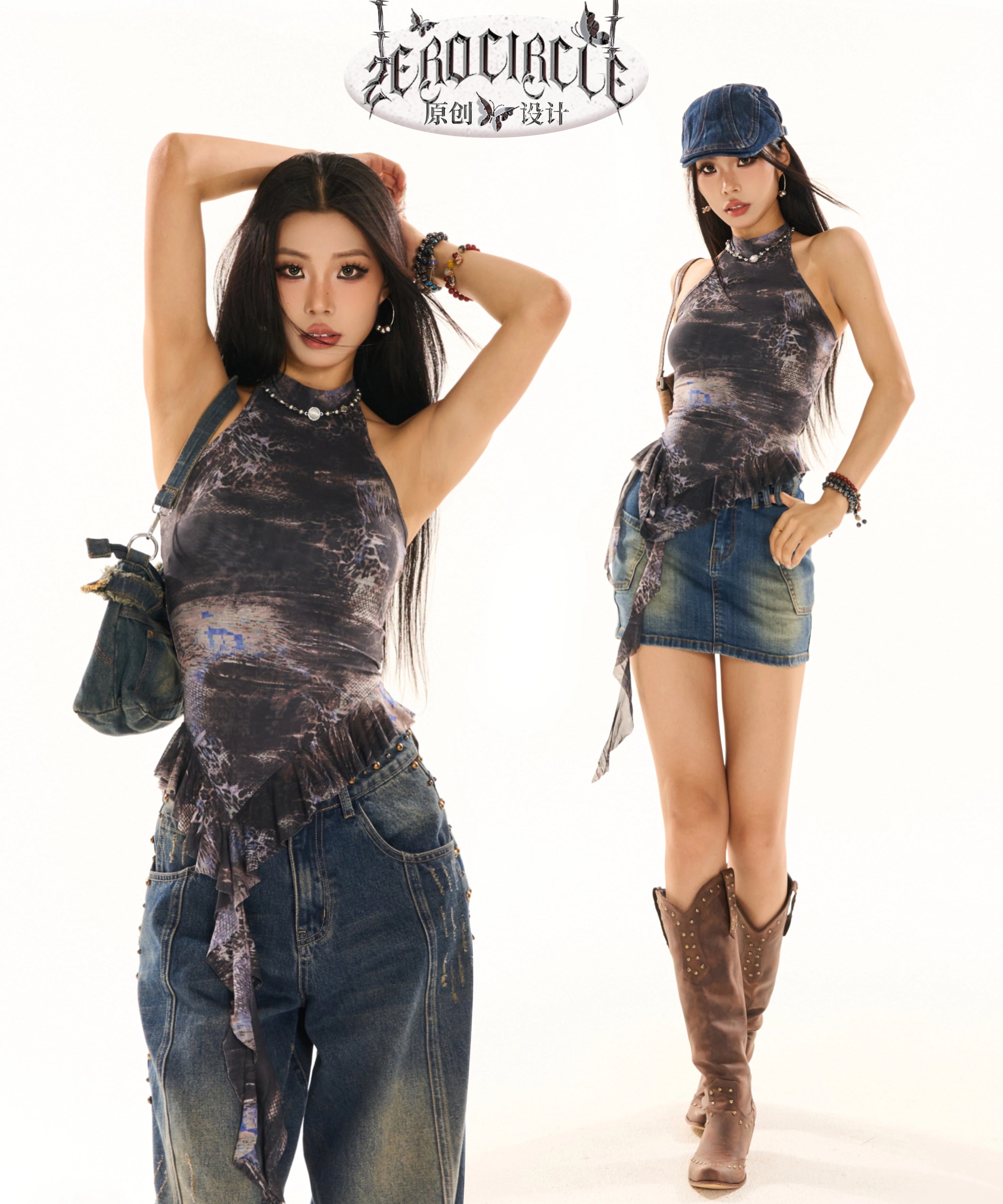 野生zero黑色半高领荷叶边背心女夏季辣妹设计感无袖印花网纱上衣