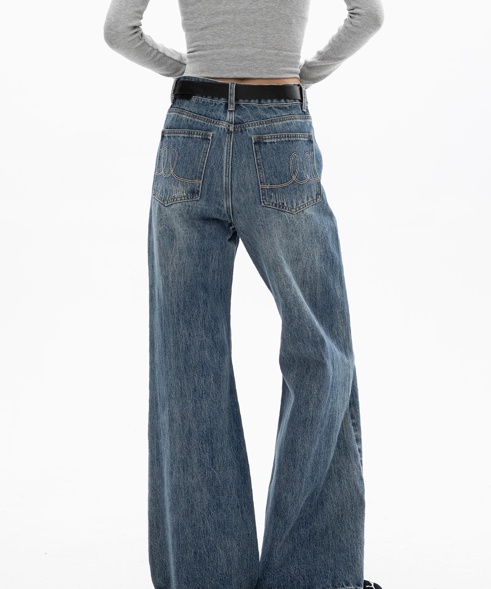 ICH MODE 美式复古水洗牛仔裤女微喇裤宽松直筒裤百搭休闲阔腿裤