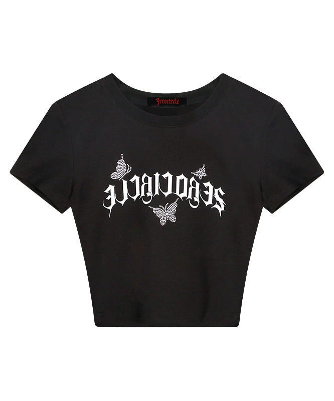 野生zerocircle 黑粉色烫钻正肩短袖t恤女夏辣妹修身显瘦短款上衣