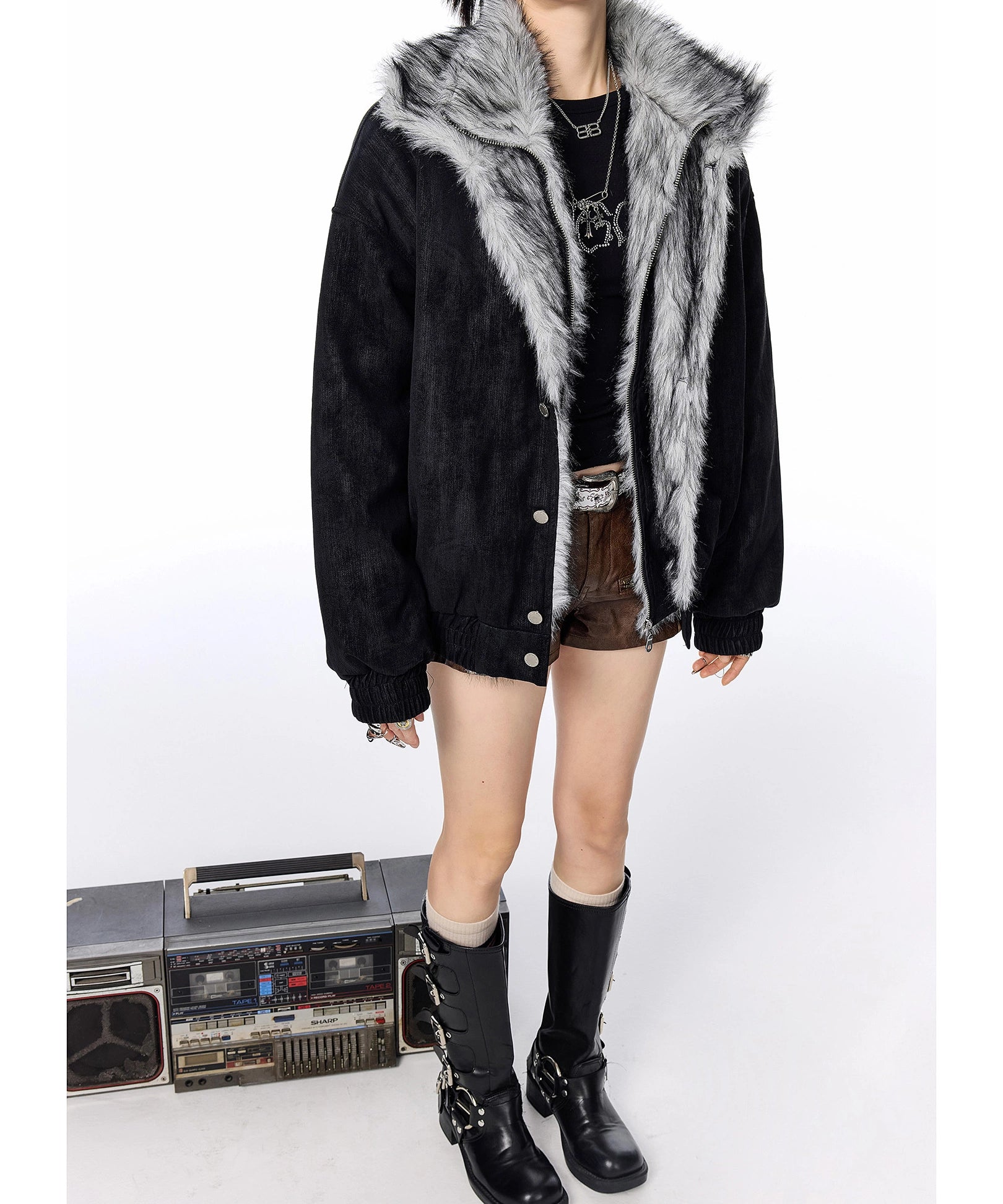 ICH MODE 美式复古座山雕假两件棉服女2025新款冬季保暖棉衣外套