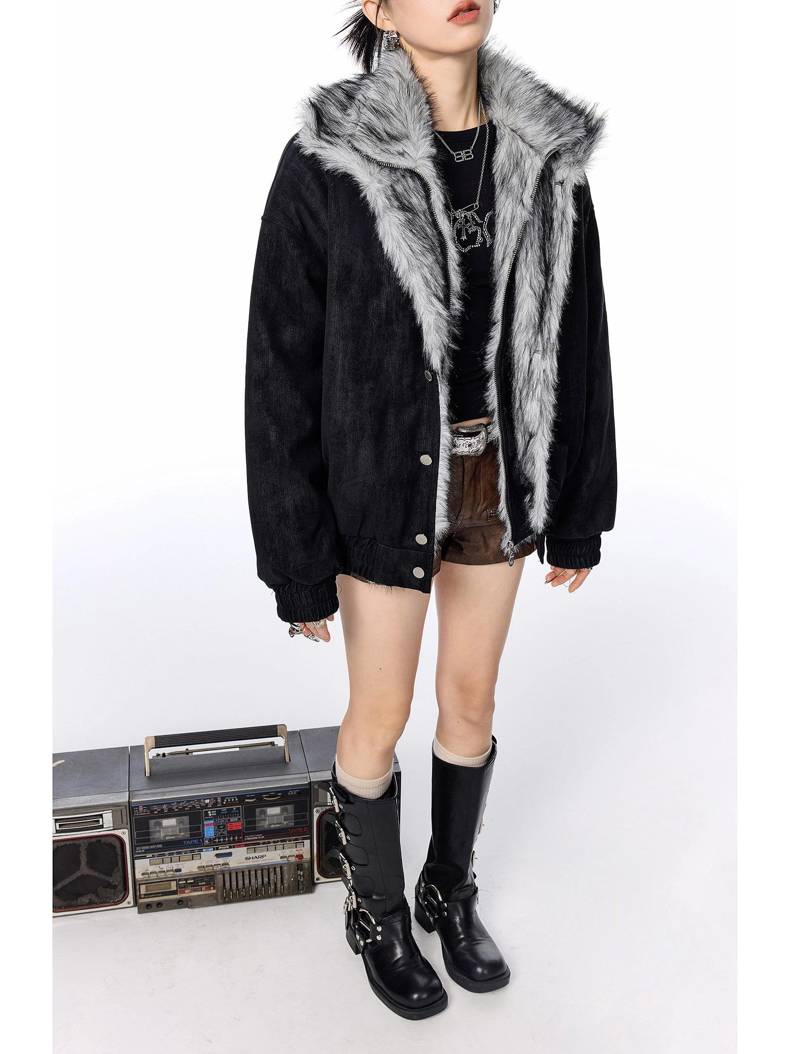 ICH MODE 美式复古座山雕假两件棉服女2025新款冬季保暖棉衣外套