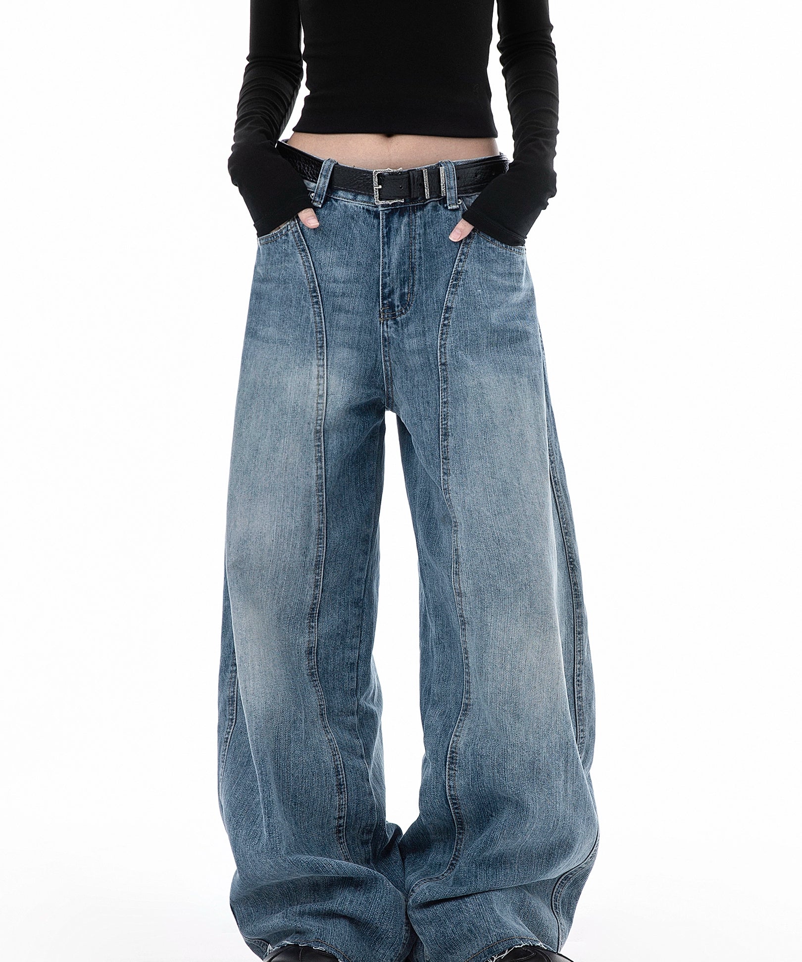 ICH MODE 美式复古水洗牛仔裤女秋冬宽松直筒裤弯刀裤休闲阔腿裤