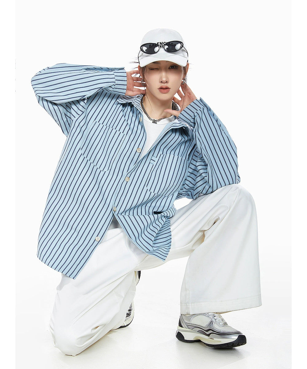 ICH MODE 美式复古条纹衬衫女夏季新款宽松慵懒蓝色衬衣外套上衣