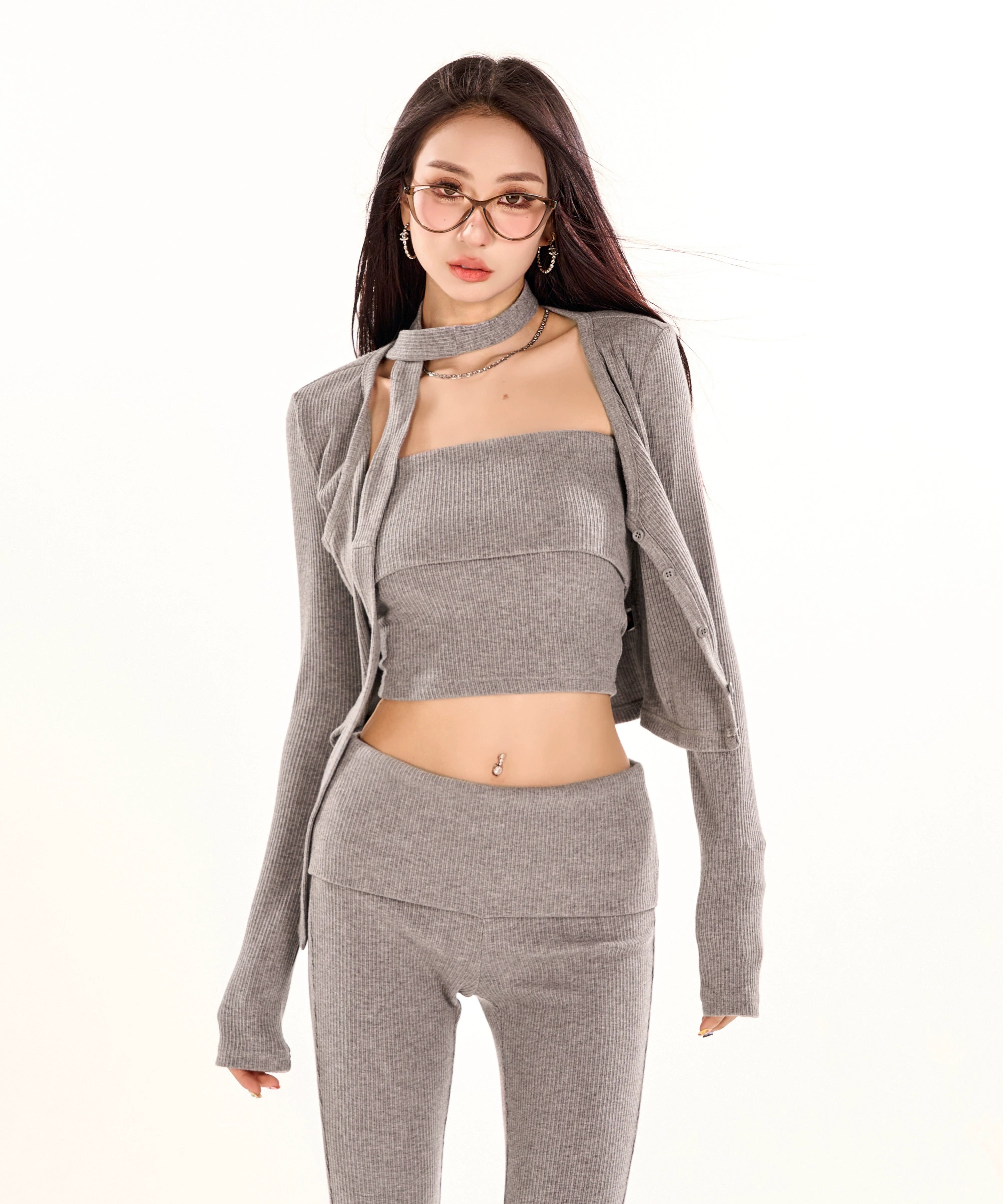 野生zero针织开衫三件套装女春夏季灰色抹胸辣妹上衣修身微喇裤子