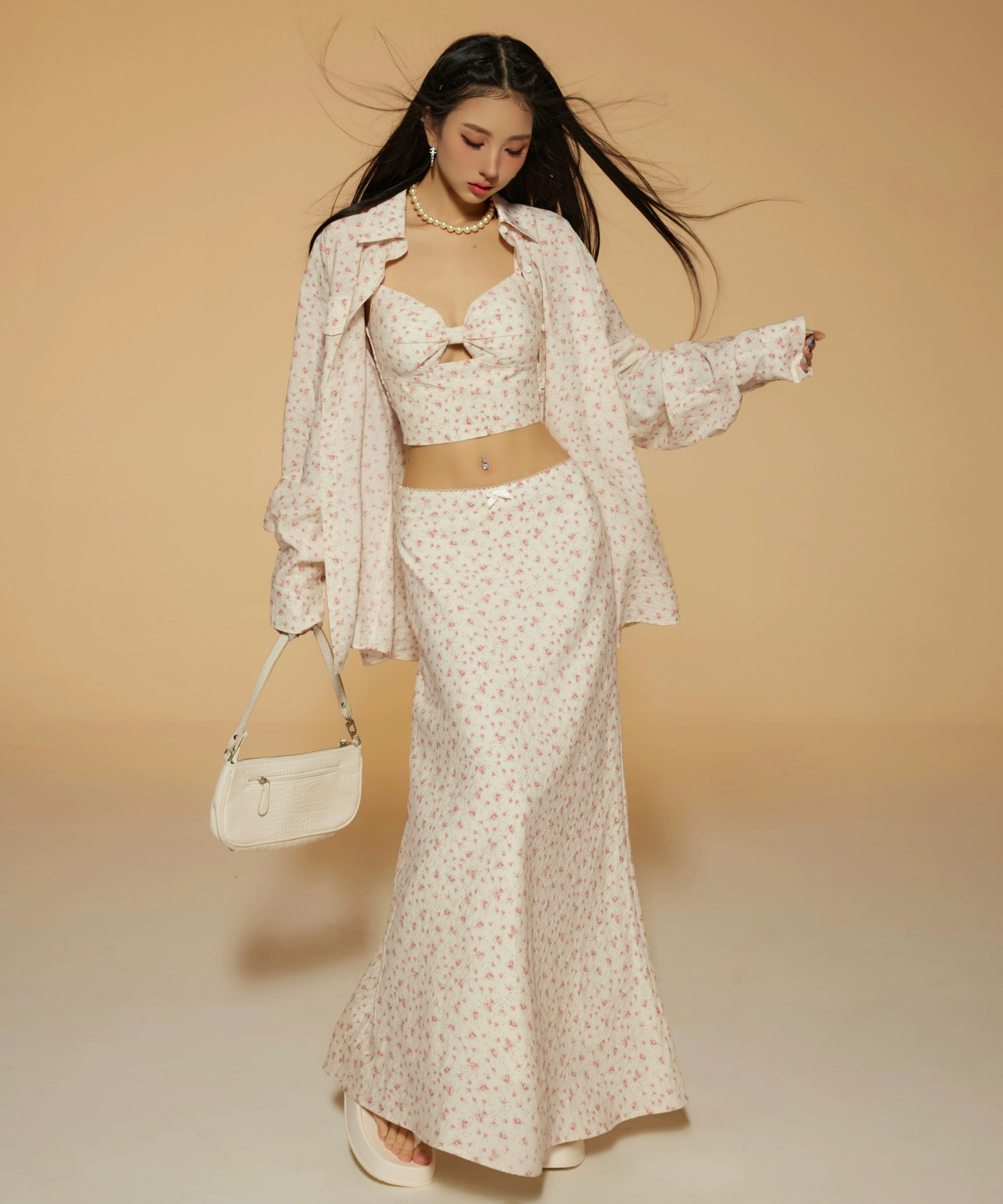 野生zerocircle 碎花衬衫三件套装裙女春夏吊带背心显瘦a字长裙子