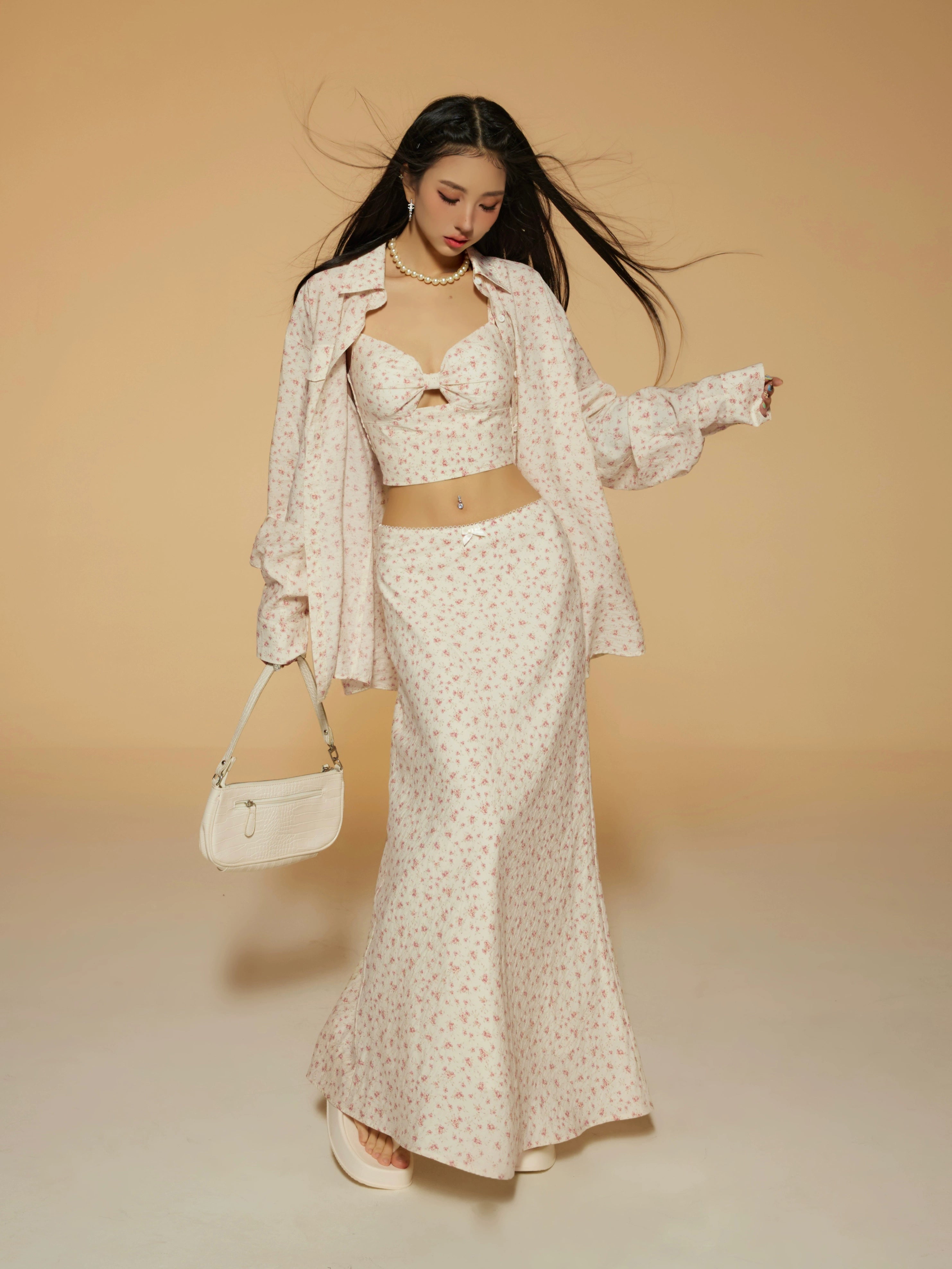 野生zerocircle 碎花衬衫三件套装裙女春夏吊带背心显瘦a字长裙子