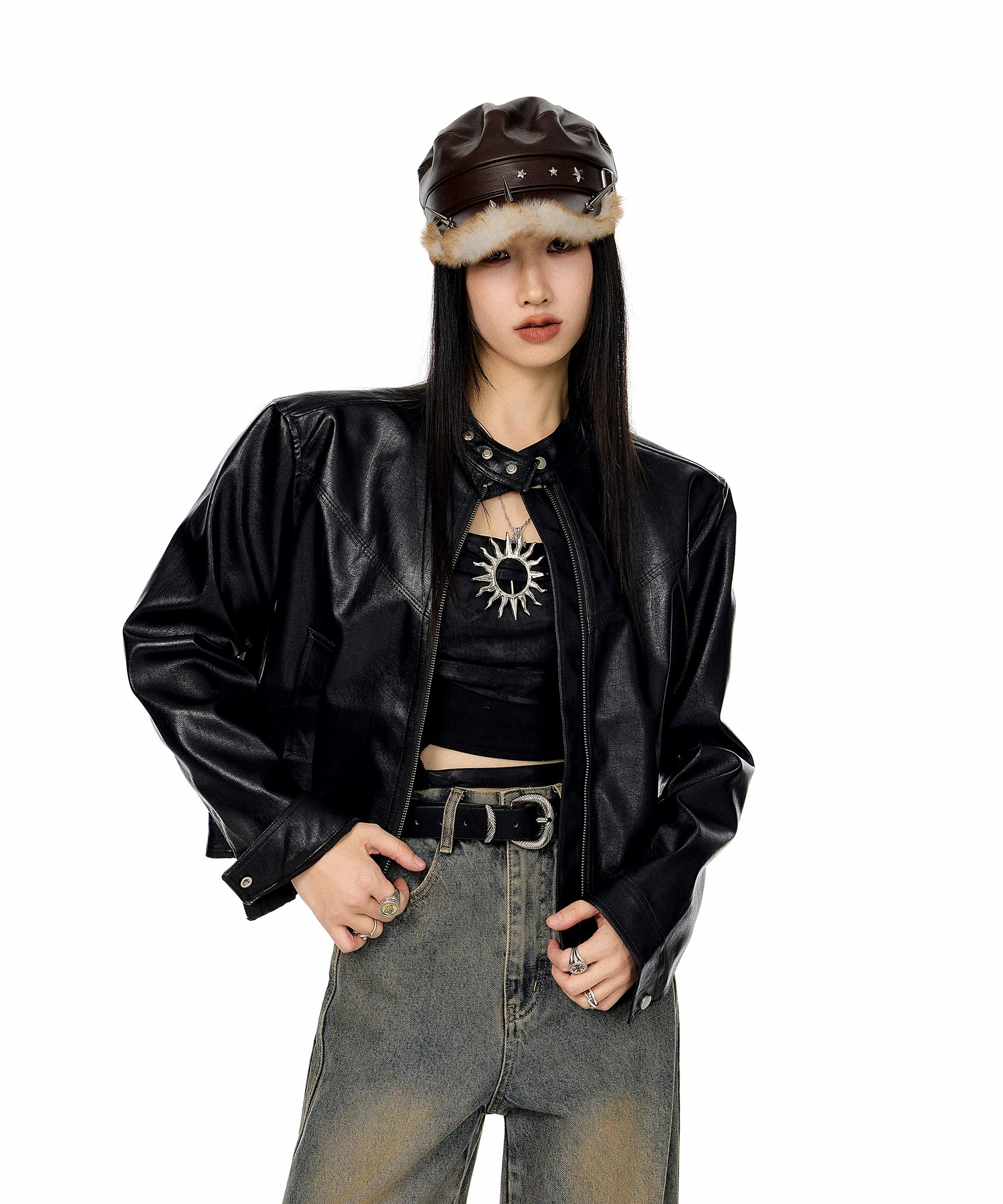 ICH MODE 美式复古棕色立领皮衣外套女秋冬新款机车皮夹克短上衣