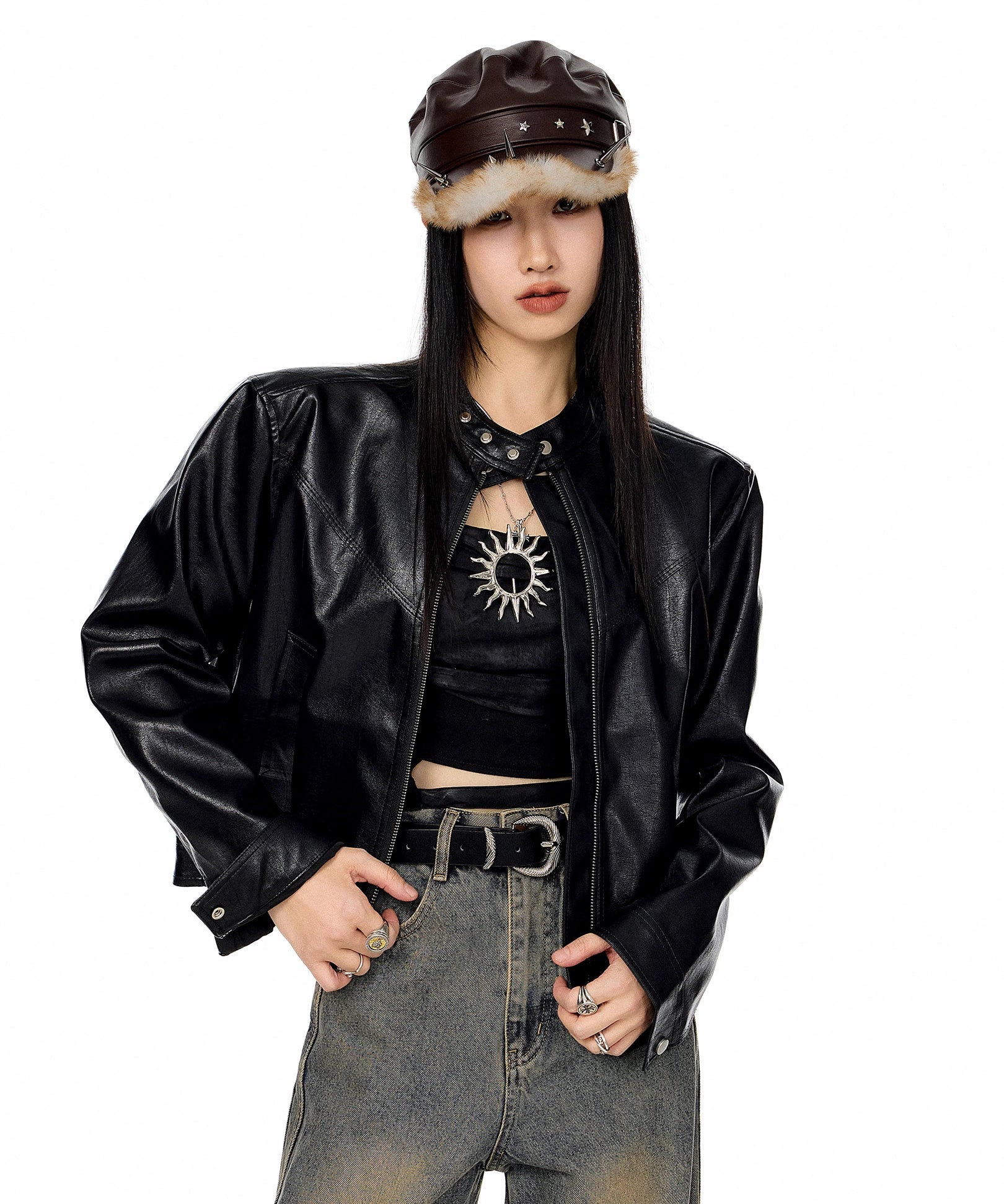 ICH MODE 美式复古棕色立领皮衣外套女秋冬新款机车皮夹克短上衣