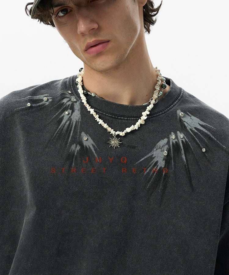 【燕尾】JHYQ美式水洗做旧印花镶钻短袖T恤男宽松重磅圆领上衣夏