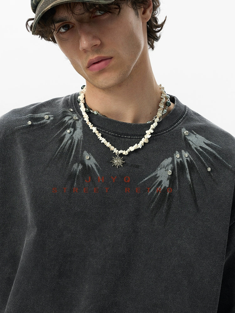 【燕尾】JHYQ美式水洗做旧印花镶钻短袖T恤男宽松重磅圆领上衣夏