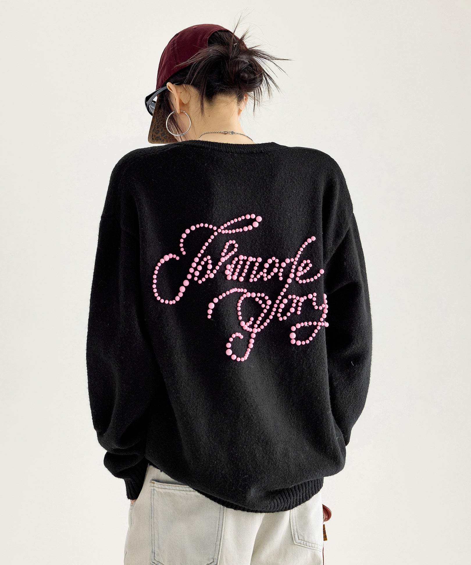 ICH MODE 美式复古珍珠刺绣毛针织开衫女秋冬季百搭休闲毛衣外套