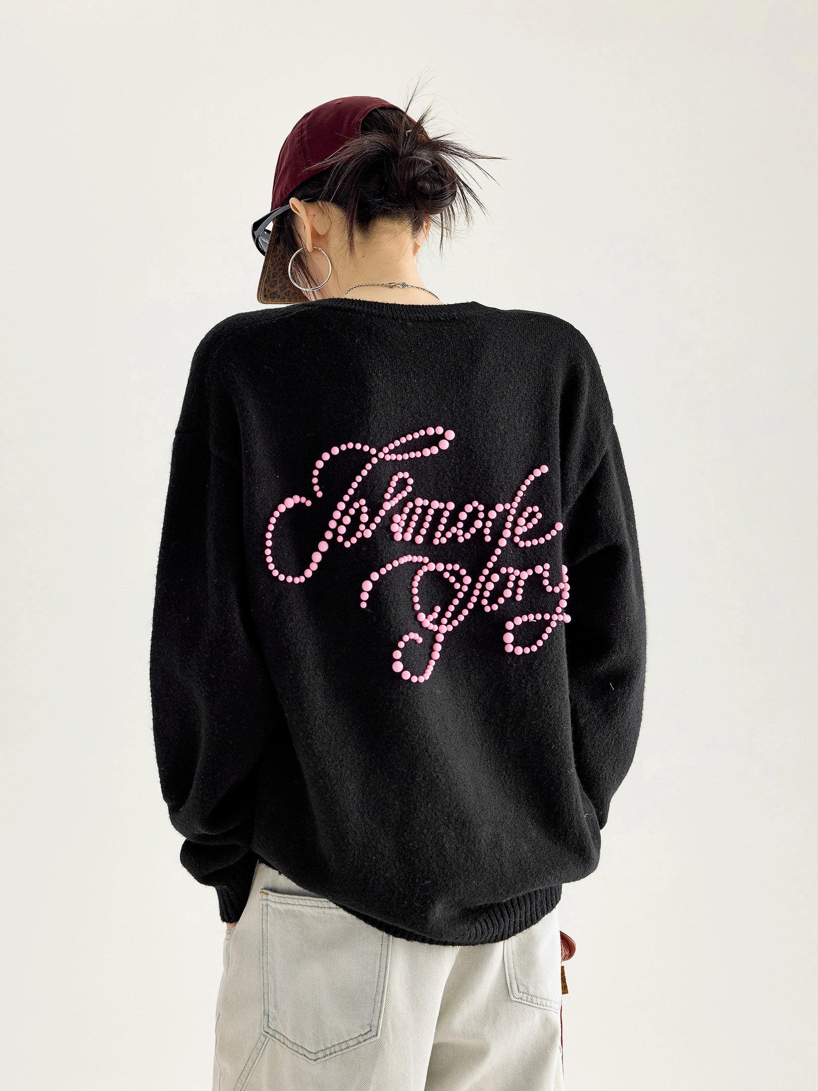 ICH MODE 美式复古珍珠刺绣毛针织开衫女秋冬季百搭休闲毛衣外套