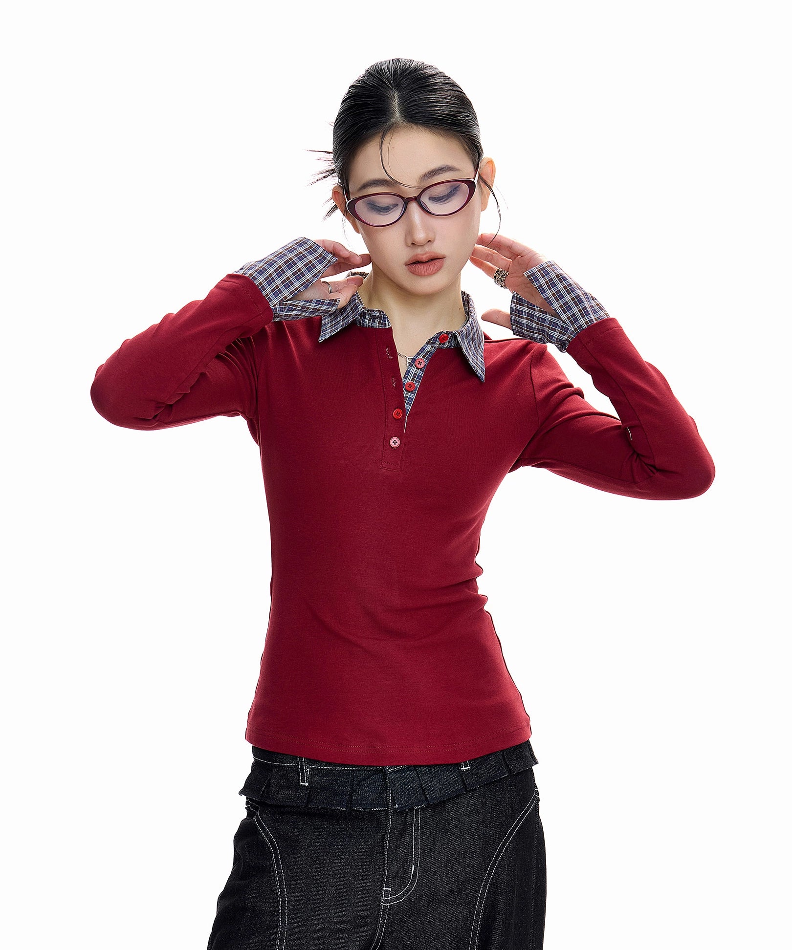 ICH MODE 美式假两件POLO领T恤女秋冬修身长袖格子内搭打底衫上衣