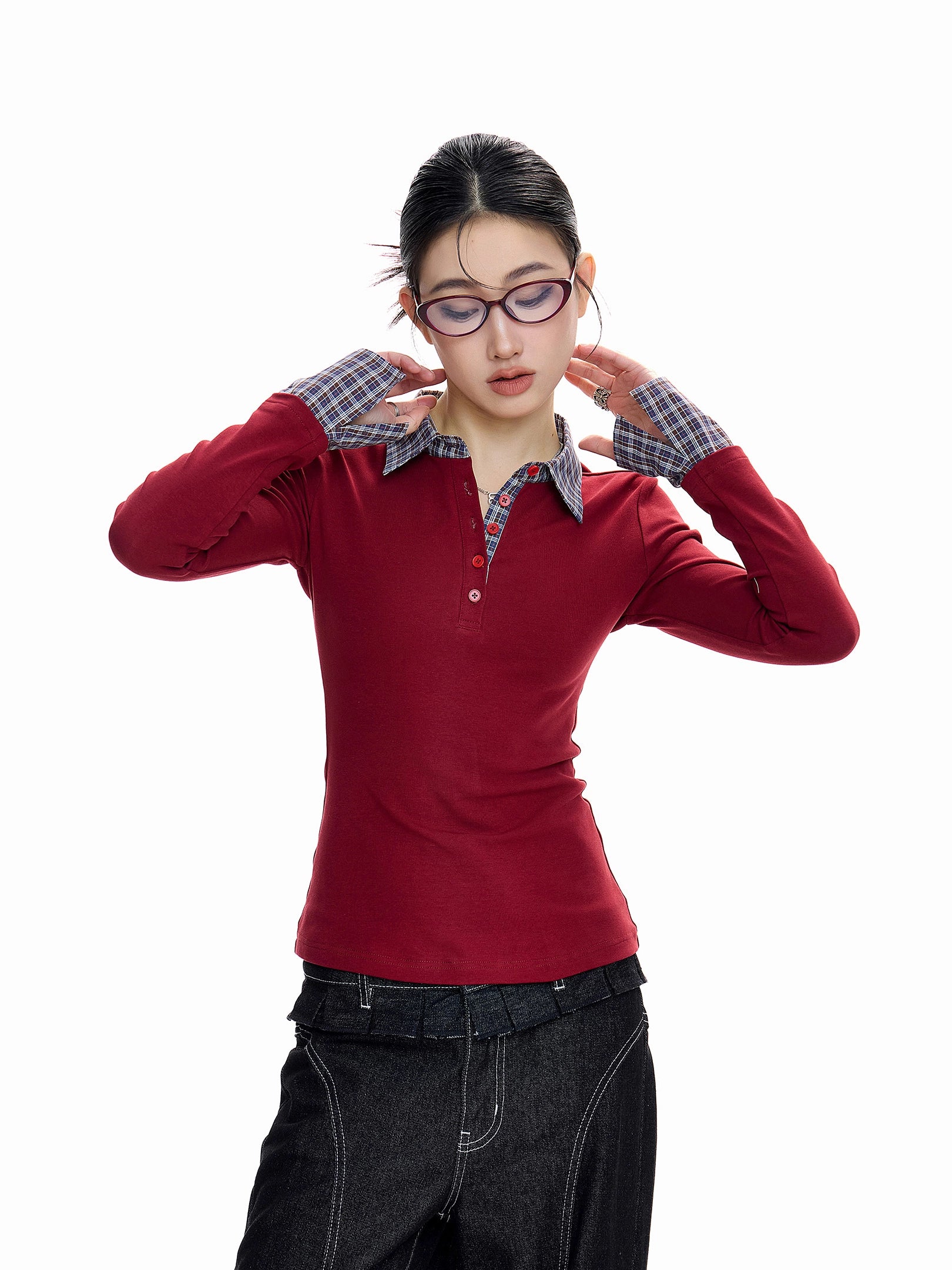 ICH MODE 美式假两件POLO领T恤女秋冬修身长袖格子内搭打底衫上衣