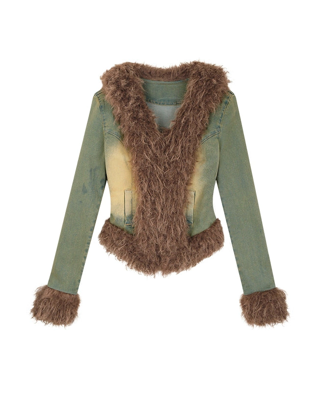 野生zerocircle毛毛拼接牛仔外套女春秋季高级设计感修身显瘦休闲