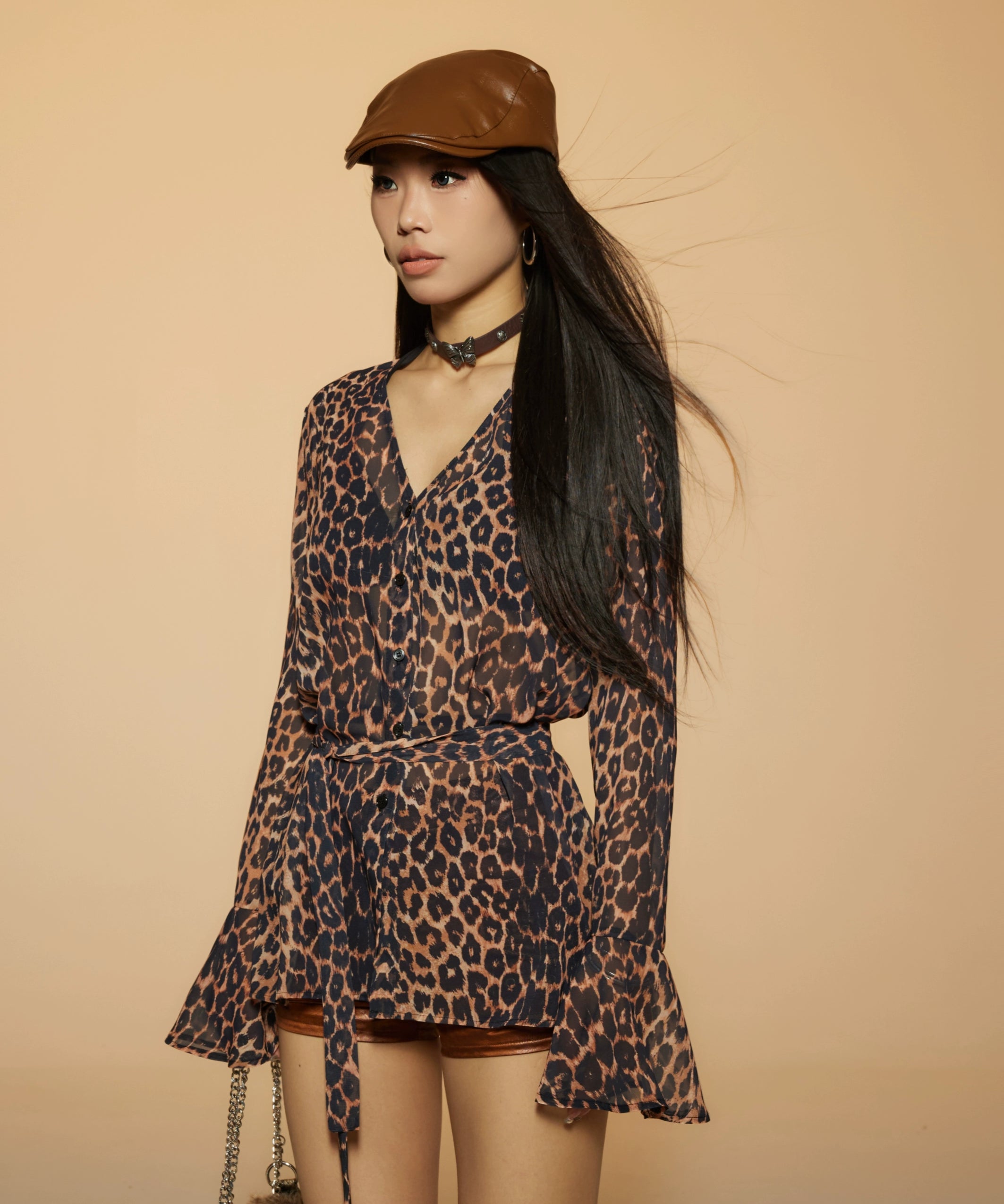 野生zero 豹纹雪纺v领衬衫女夏宽松显瘦绑带设计感喇叭袖薄款上衣