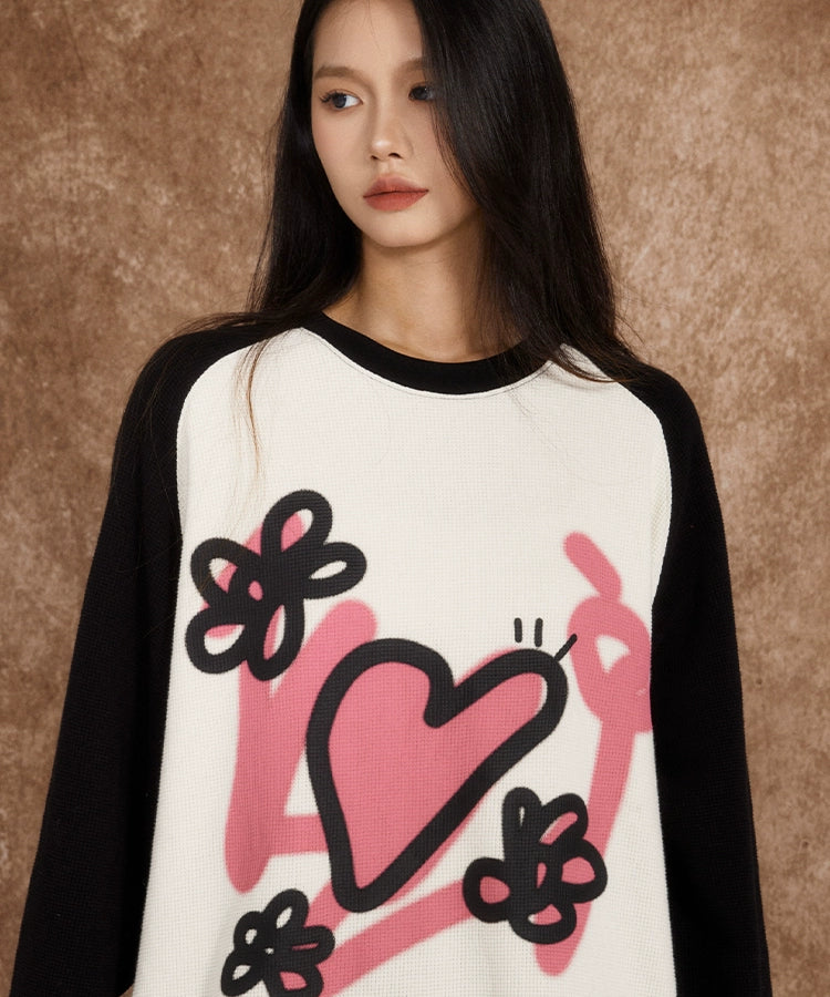 eeeeArtmonster爱心华夫格长袖男女潮流秋季美式宽松T恤ins上衣