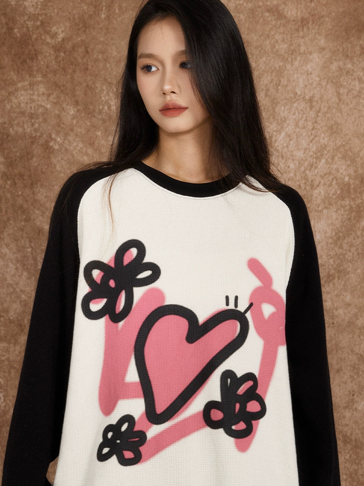 eeeeArtmonster爱心华夫格长袖男女潮流秋季美式宽松T恤ins上衣