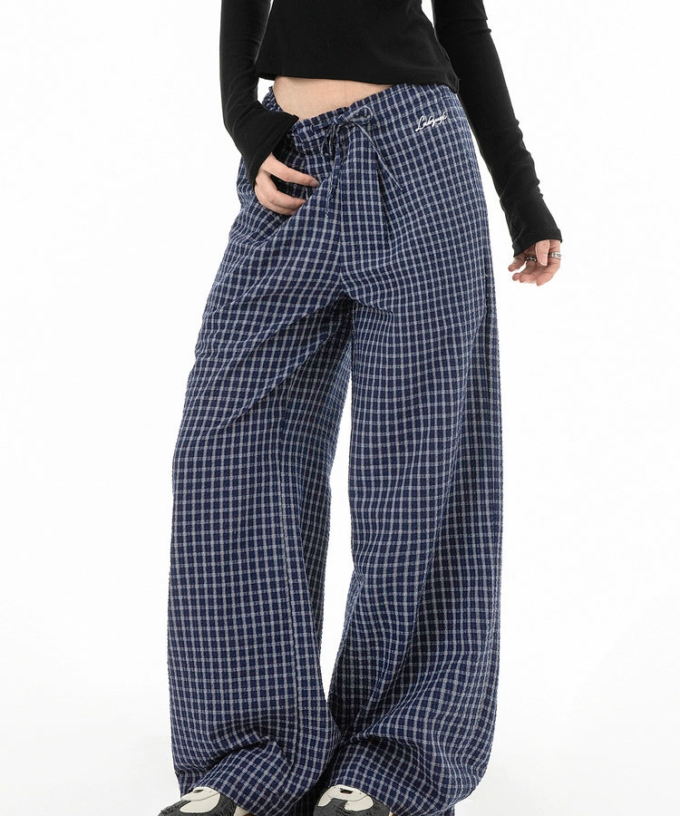 ICH MODE 美式复古宽松休闲裤女运动格子裤百搭直筒阔腿裤长裤子