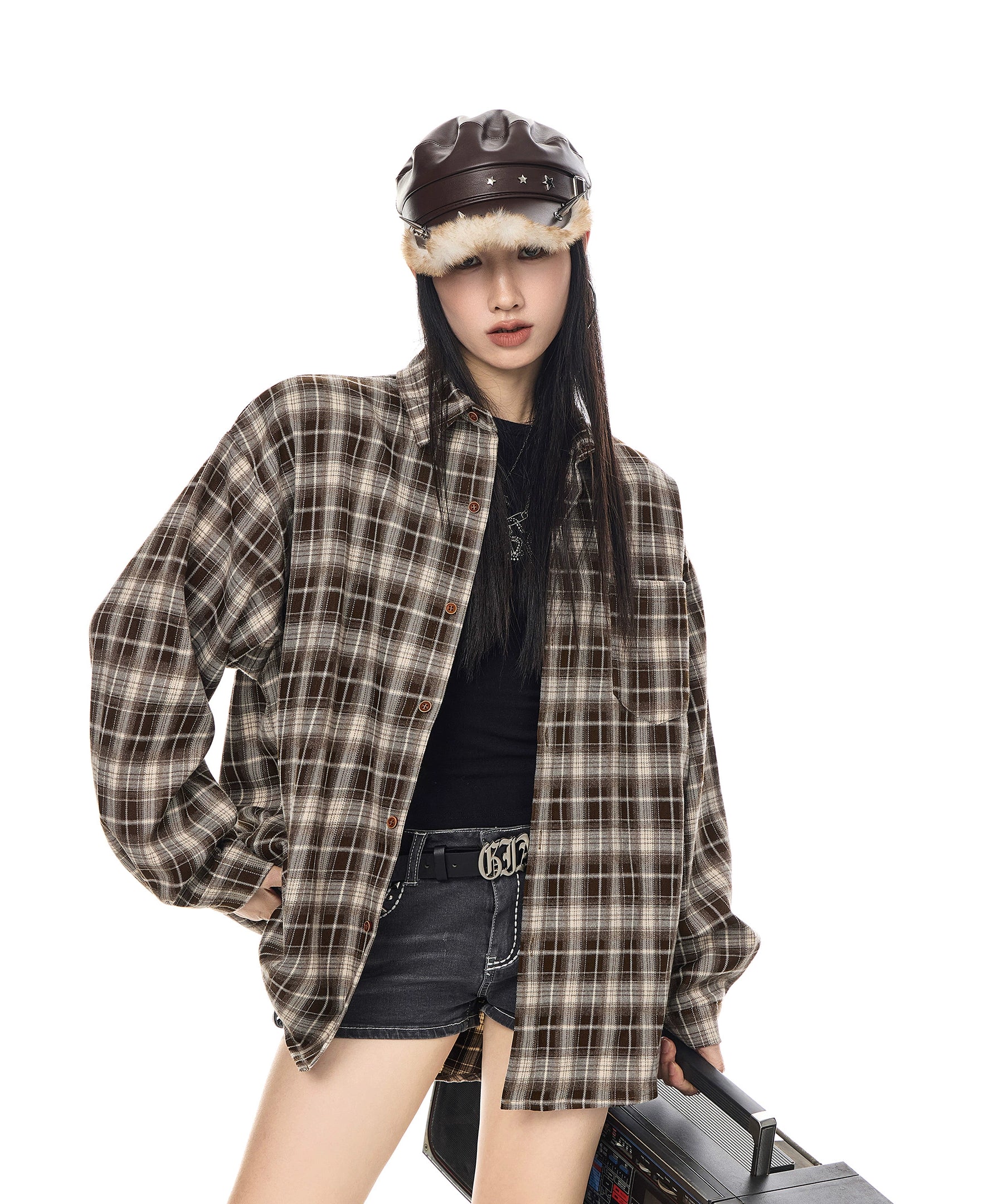 ICH MODE 美式复古休闲格子衬衫女2025新款宽松衬衣外套翻领上衣