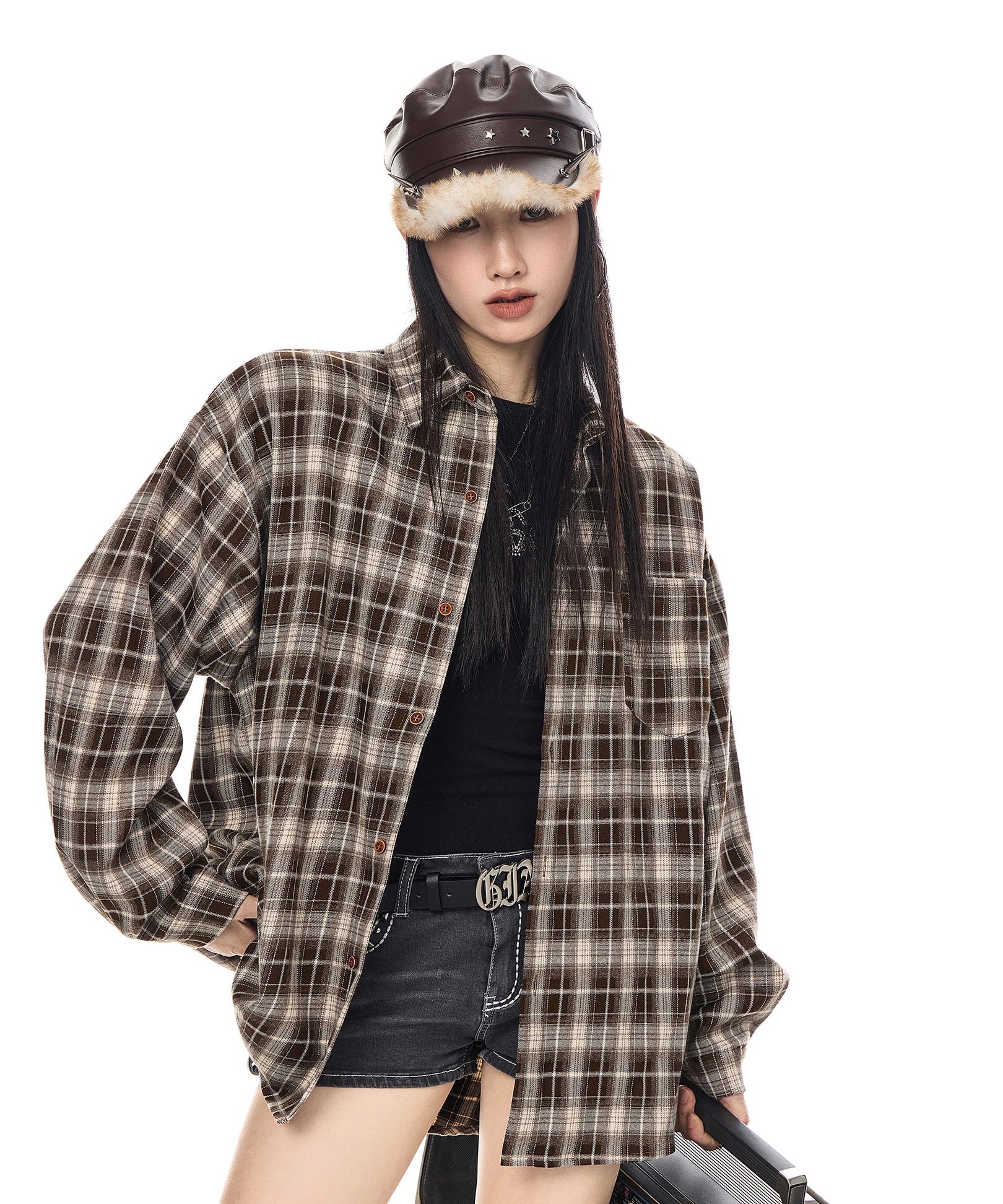 ICH MODE 美式复古休闲格子衬衫女2025新款宽松衬衣外套翻领上衣