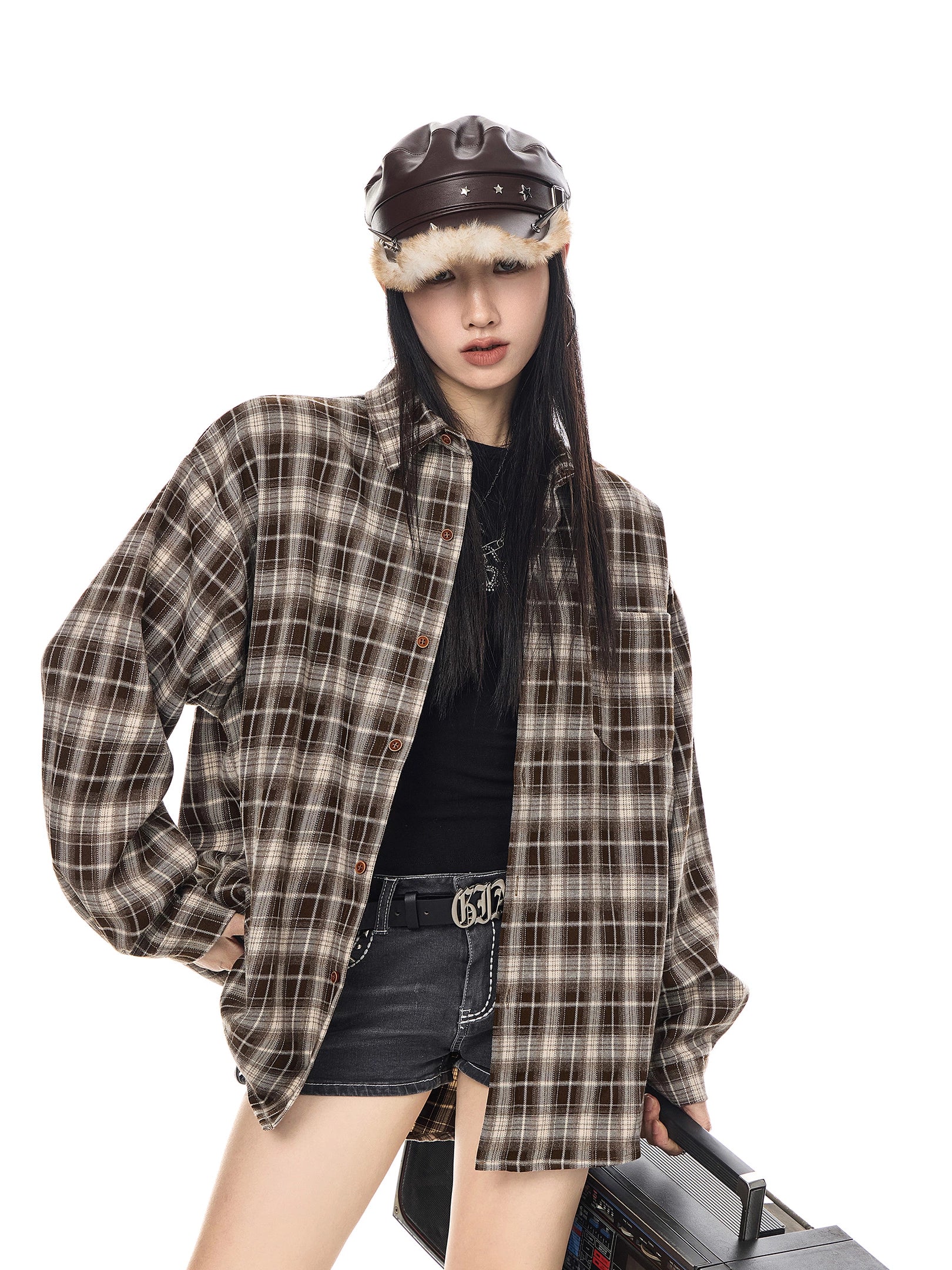 ICH MODE 美式复古休闲格子衬衫女2025新款宽松衬衣外套翻领上衣