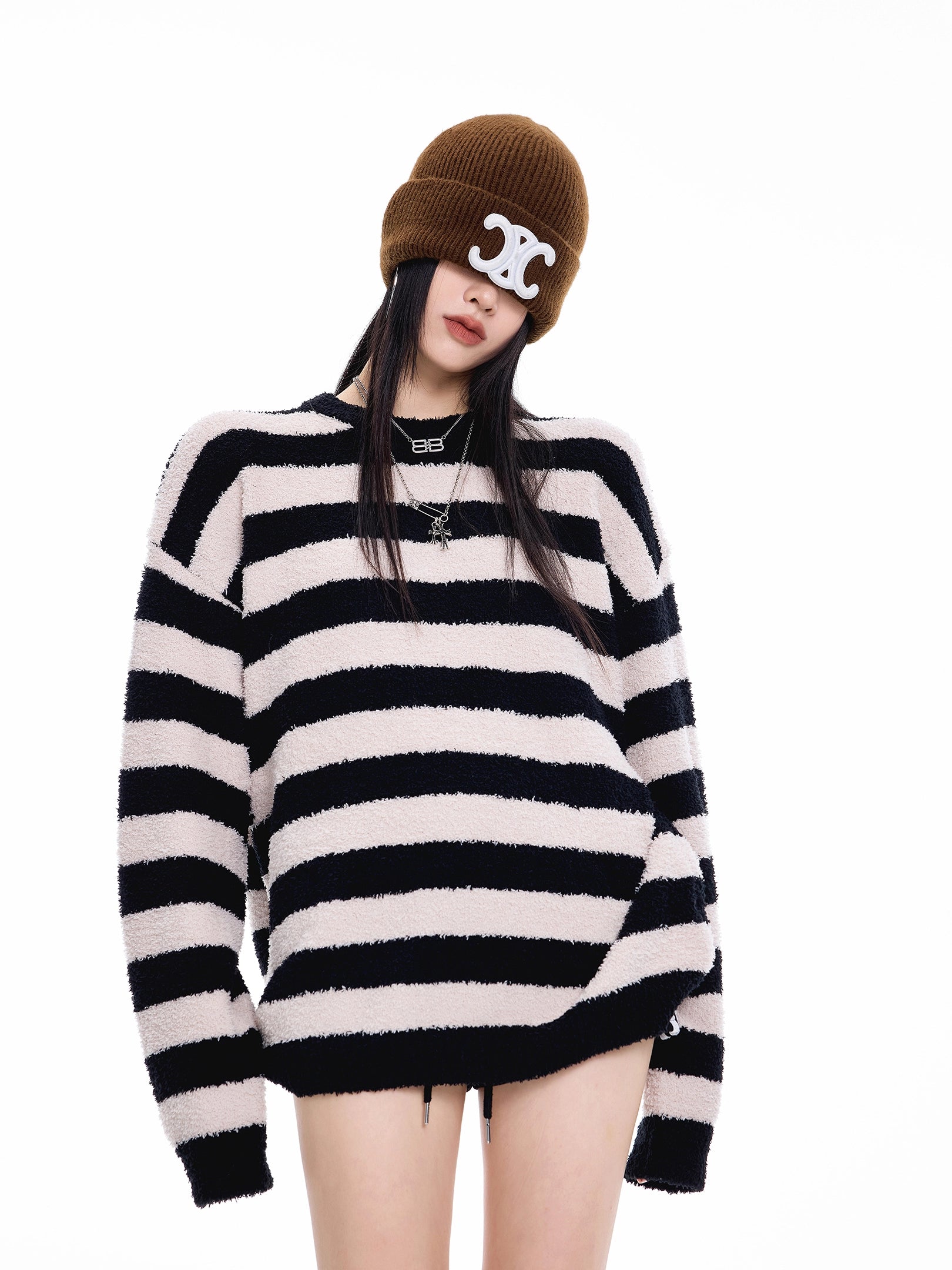 ICH MODE 美式复古撞色条纹圆领毛衣女秋冬季慵懒长袖针织衫上衣