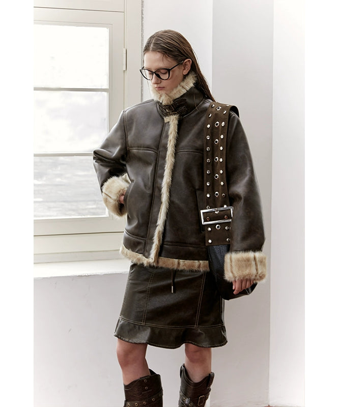 2th Desire美式复古皮毛一体短外套女皮夹克上衣秋冬机车棕色外套