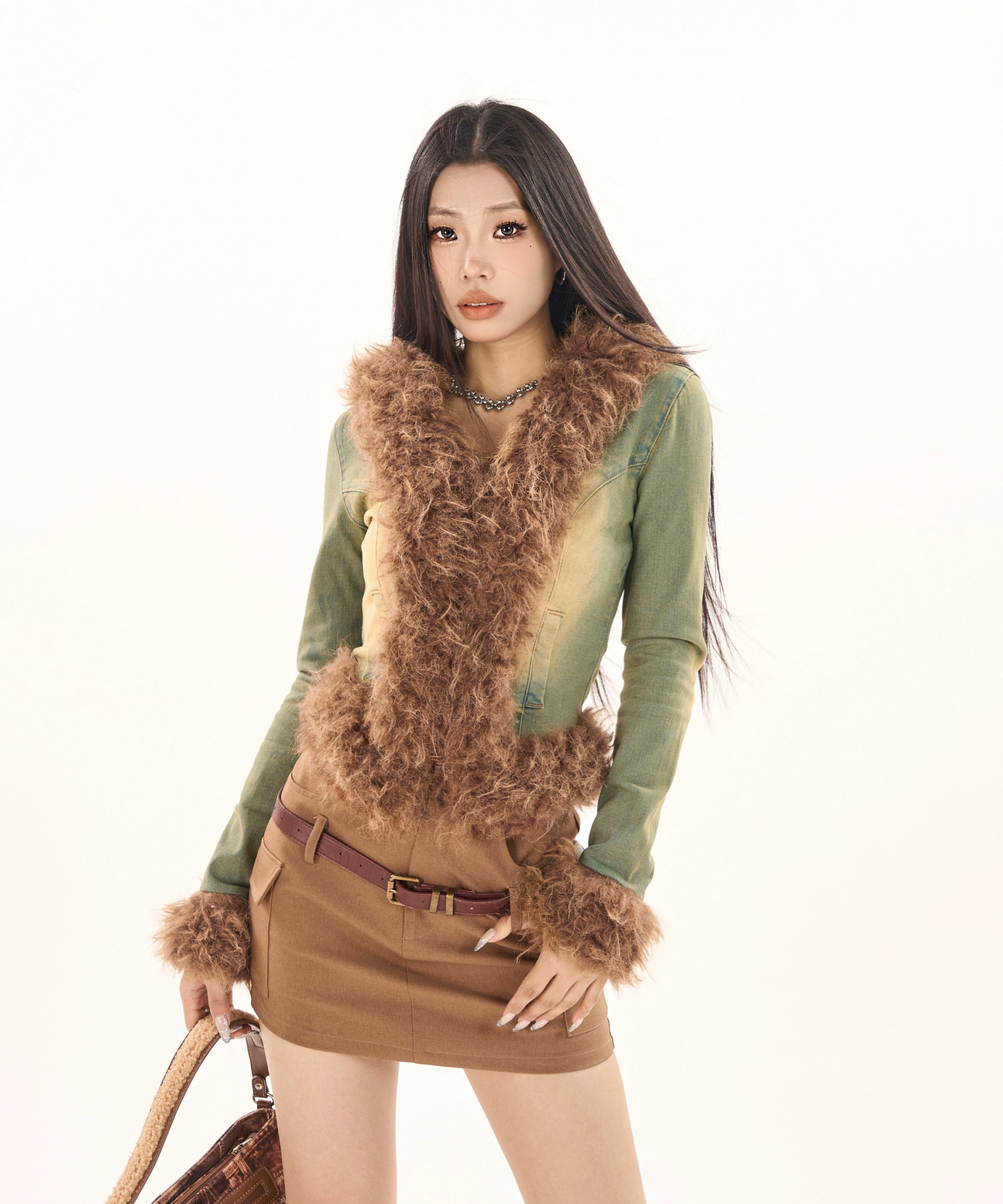 野生zerocircle毛毛拼接牛仔外套女春秋季高级设计感修身显瘦休闲