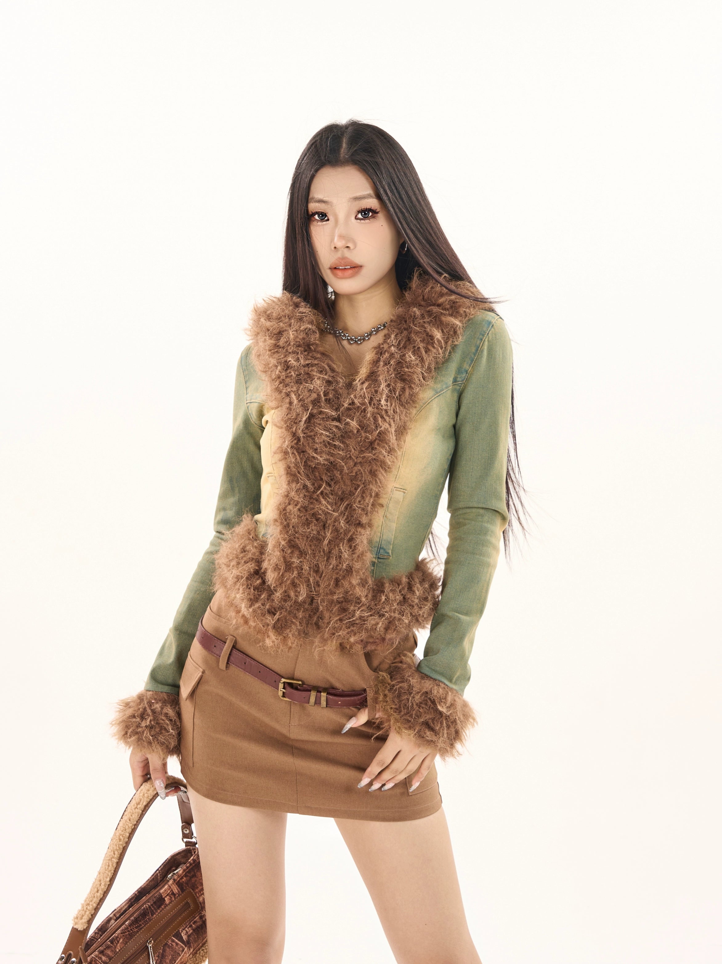 野生zerocircle毛毛拼接牛仔外套女春秋季高级设计感修身显瘦休闲