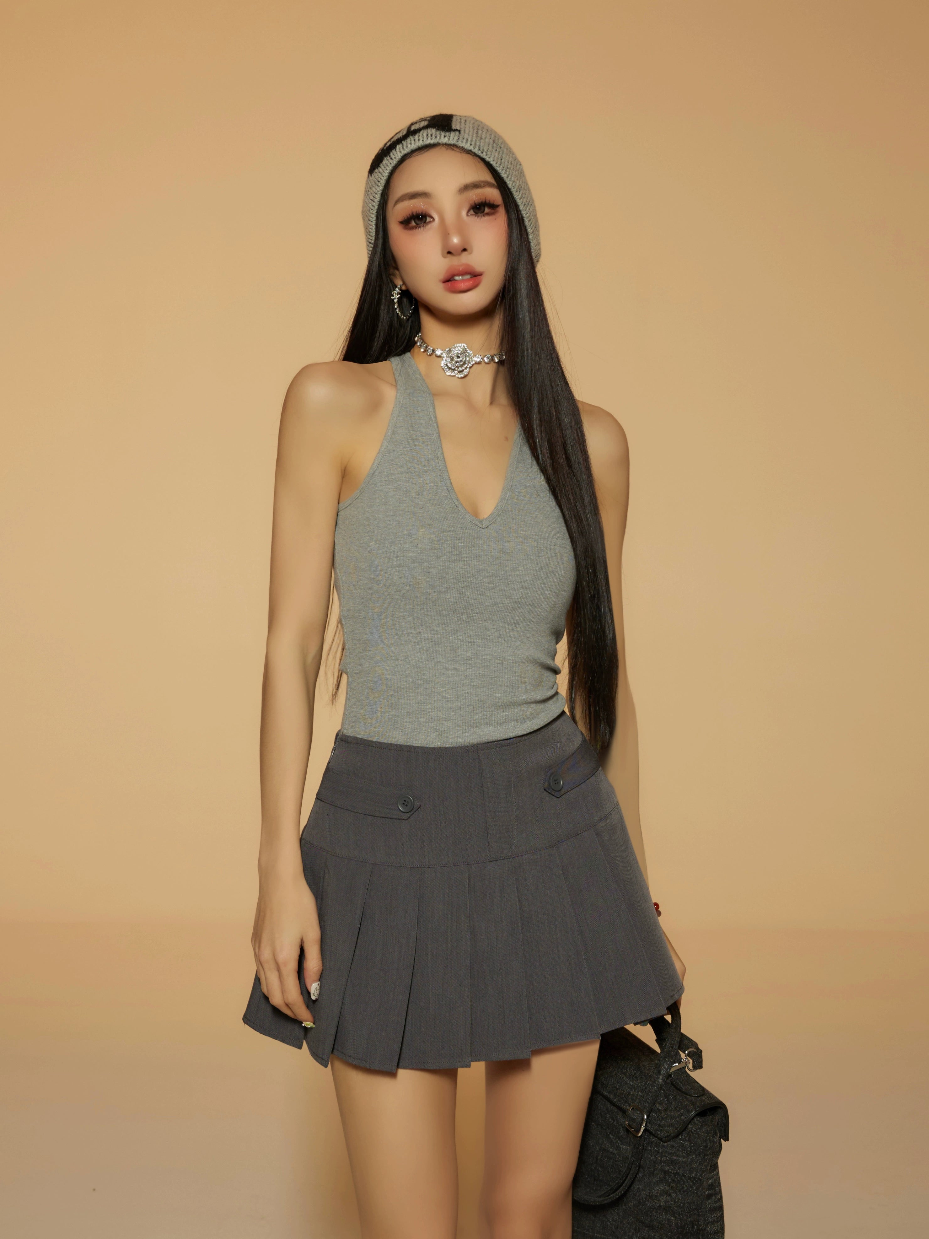 野生zero黑灰白色内搭针织v领背心女夏季外穿修身辣妹无袖上衣