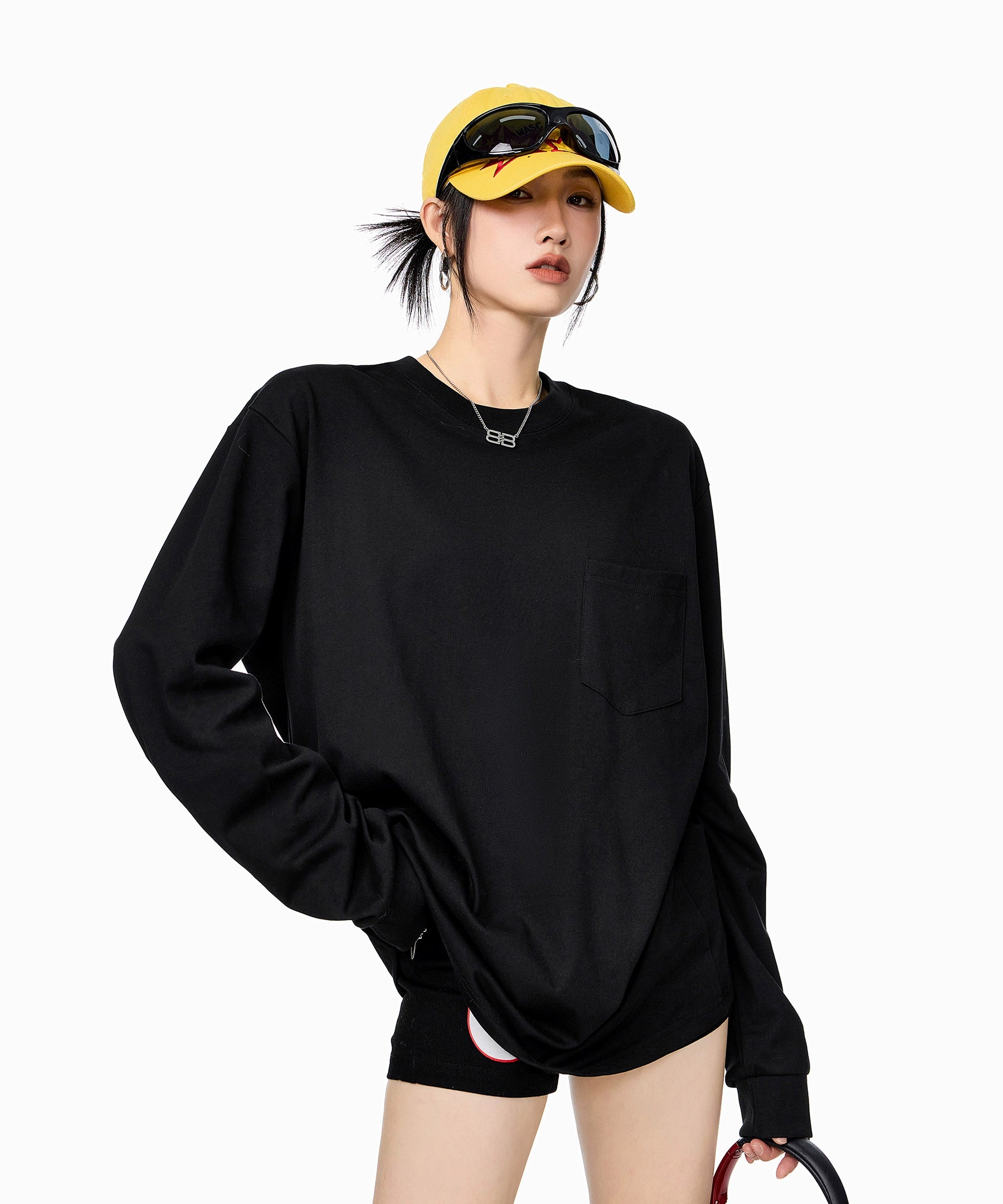 ICH MODE 美式圆领正肩长袖T恤女2025秋冬新款宽松纯色上衣打底衫