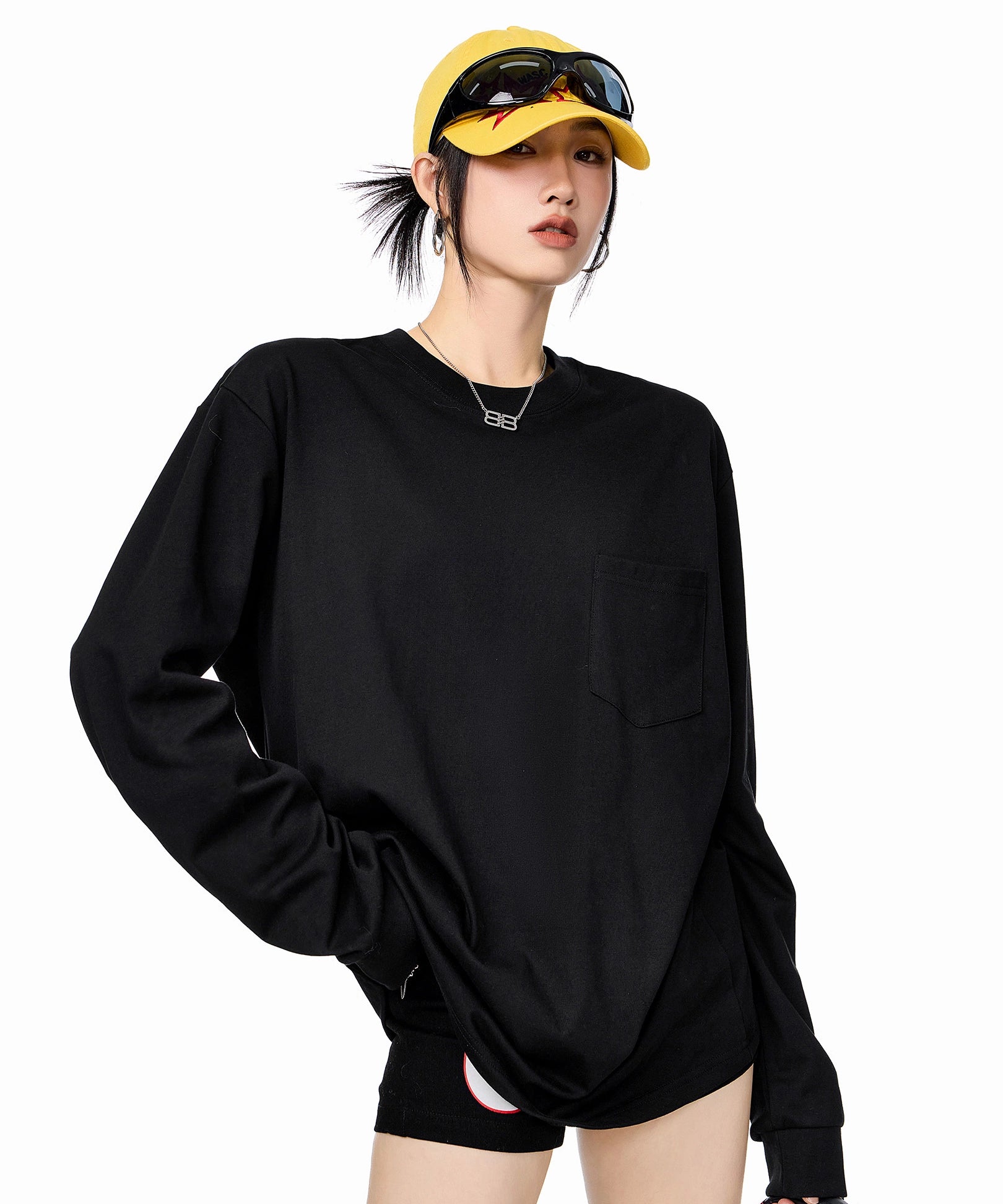 ICH MODE 美式圆领正肩长袖T恤女2025秋冬新款宽松纯色上衣打底衫