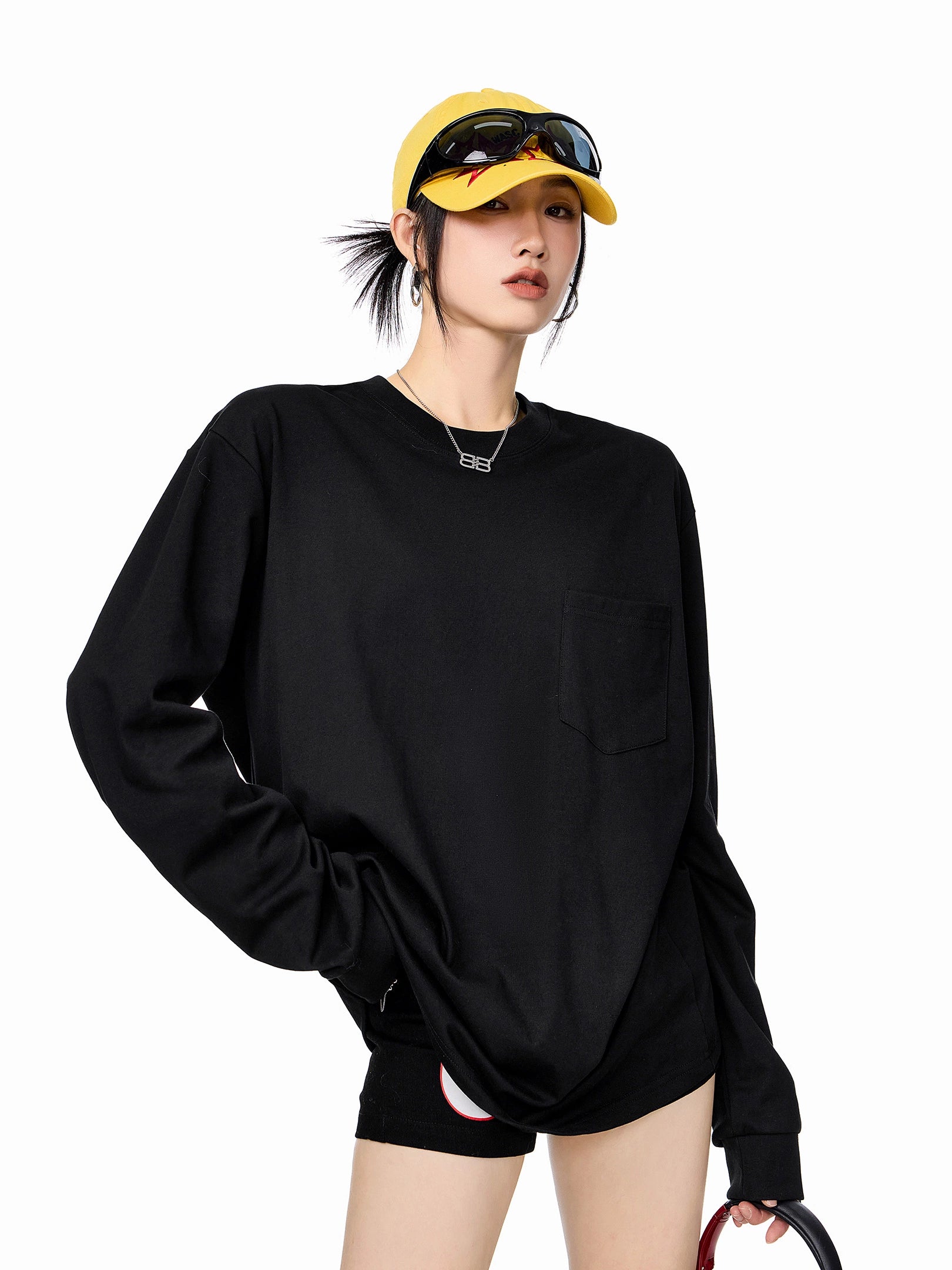 ICH MODE 美式圆领正肩长袖T恤女2025秋冬新款宽松纯色上衣打底衫