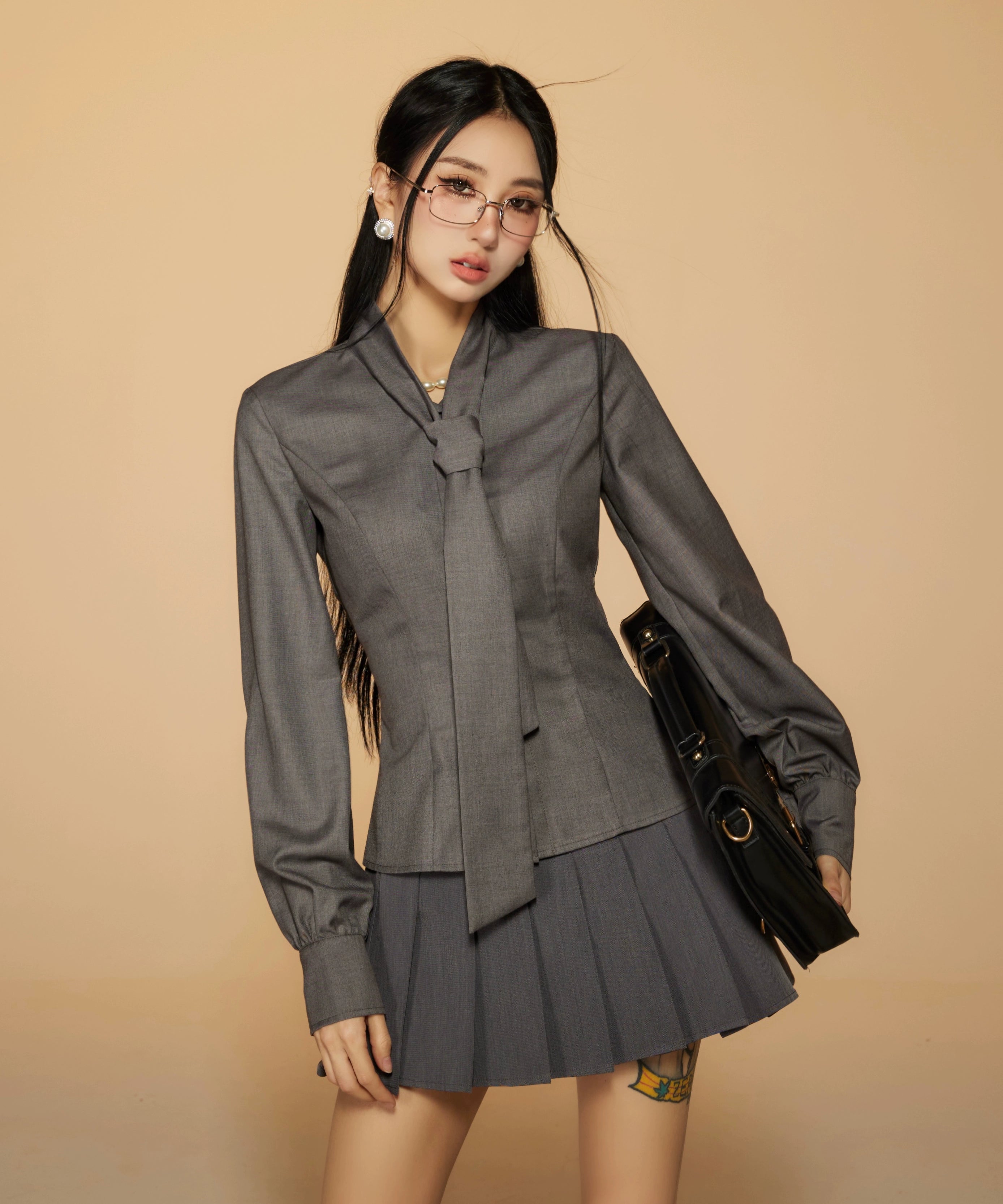 野生zerocircle灰蓝色长袖衬衫女春季修身显瘦收腰蝴蝶结绑带上衣