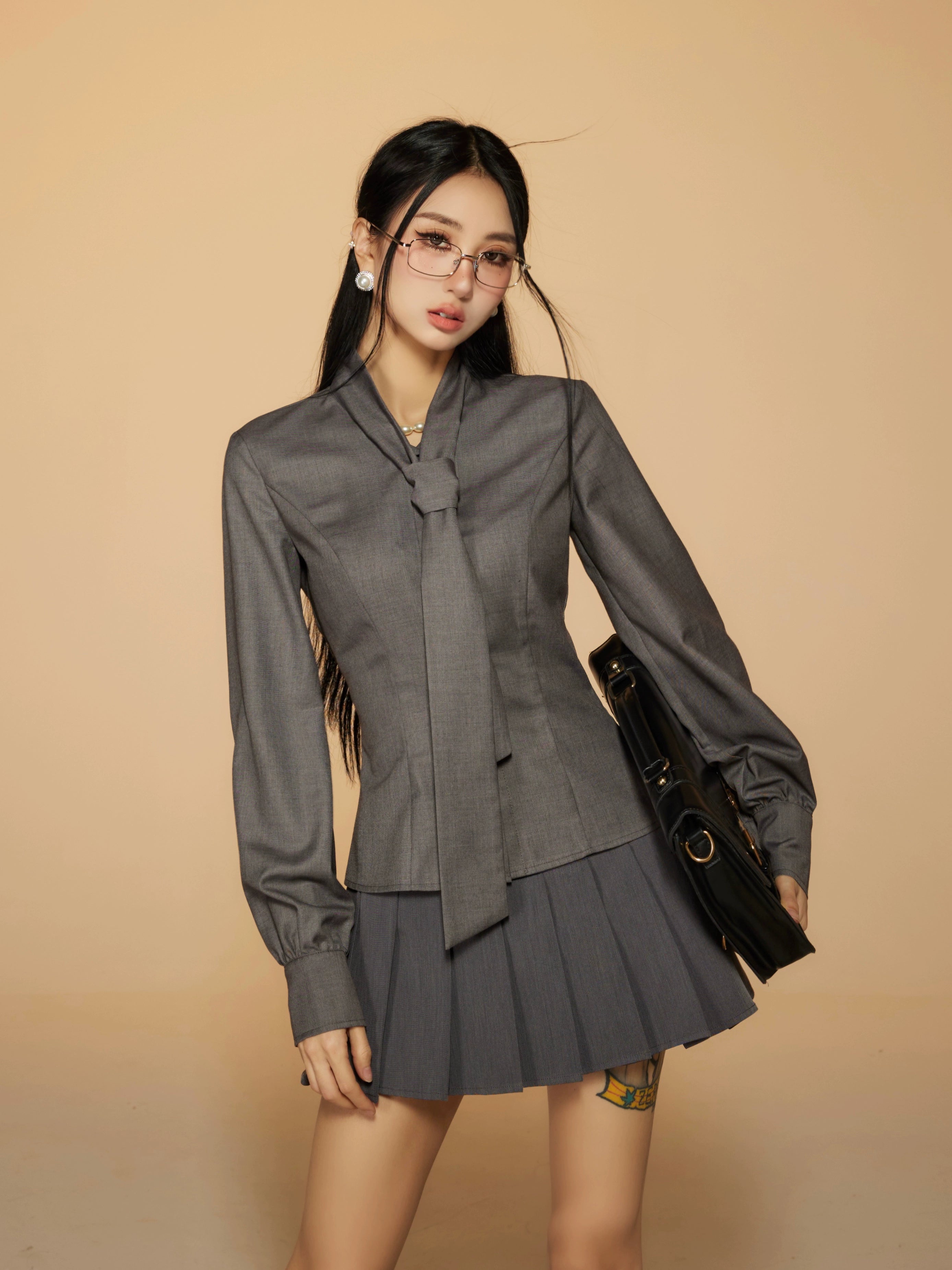 野生zerocircle灰蓝色长袖衬衫女春季修身显瘦收腰蝴蝶结绑带上衣