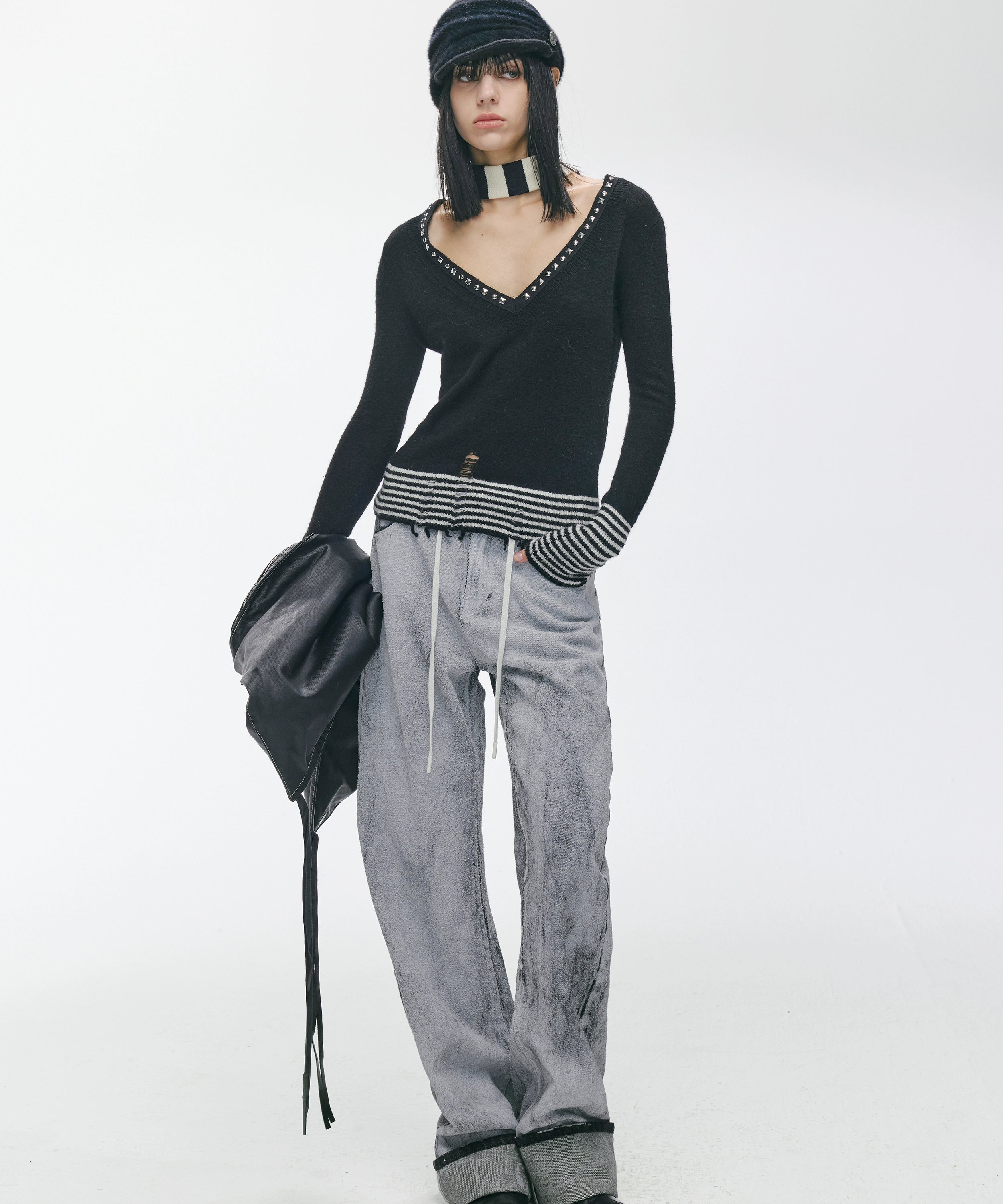 2th Desire原创朋克铆钉v领条纹拼接弹力修身打底羊毛针织衫上衣