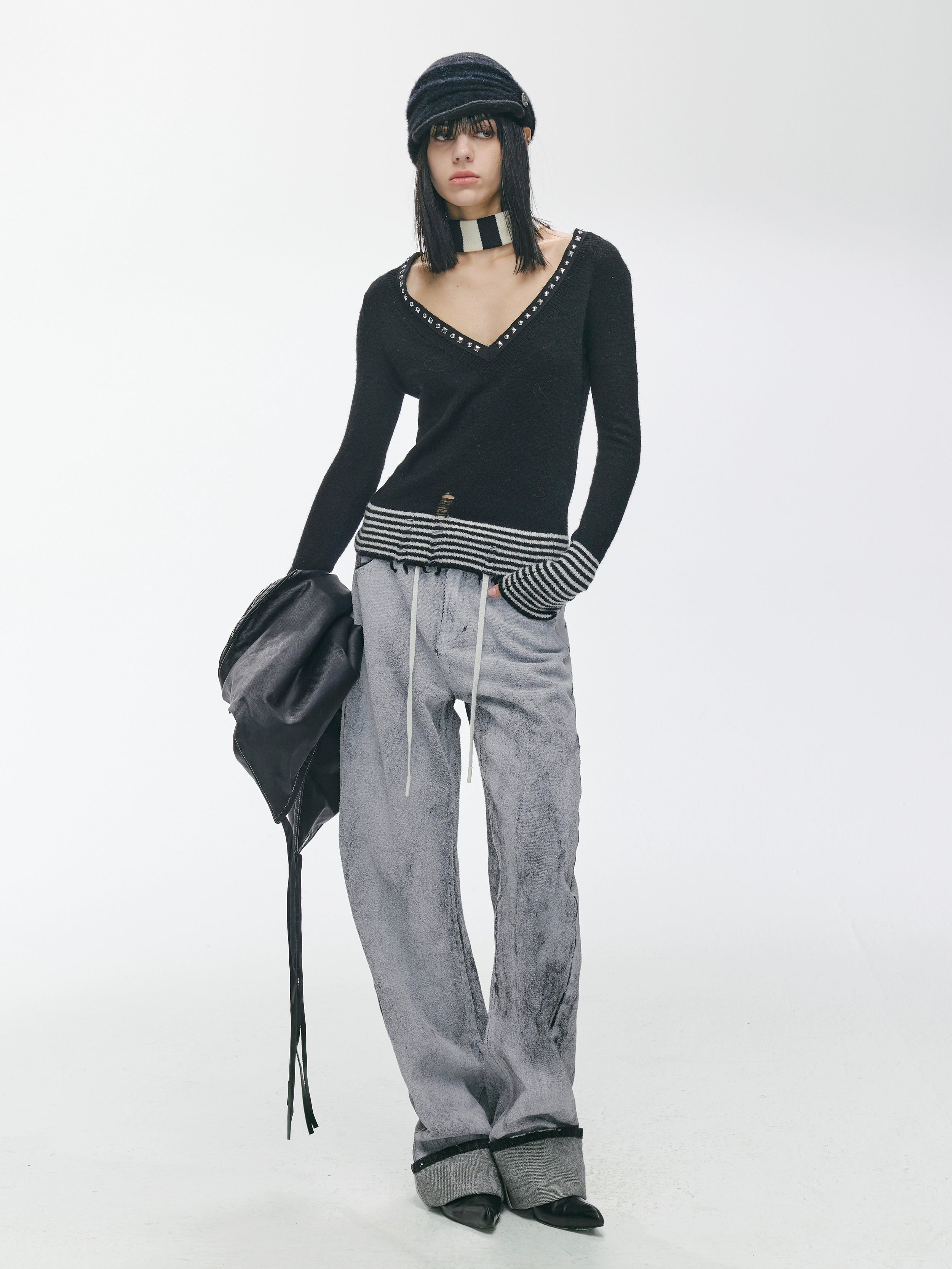 2th Desire原创朋克铆钉v领条纹拼接弹力修身打底羊毛针织衫上衣