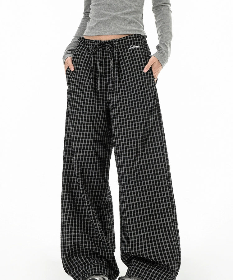 ICH MODE 美式复古宽松休闲裤女运动格子裤百搭直筒阔腿裤长裤子
